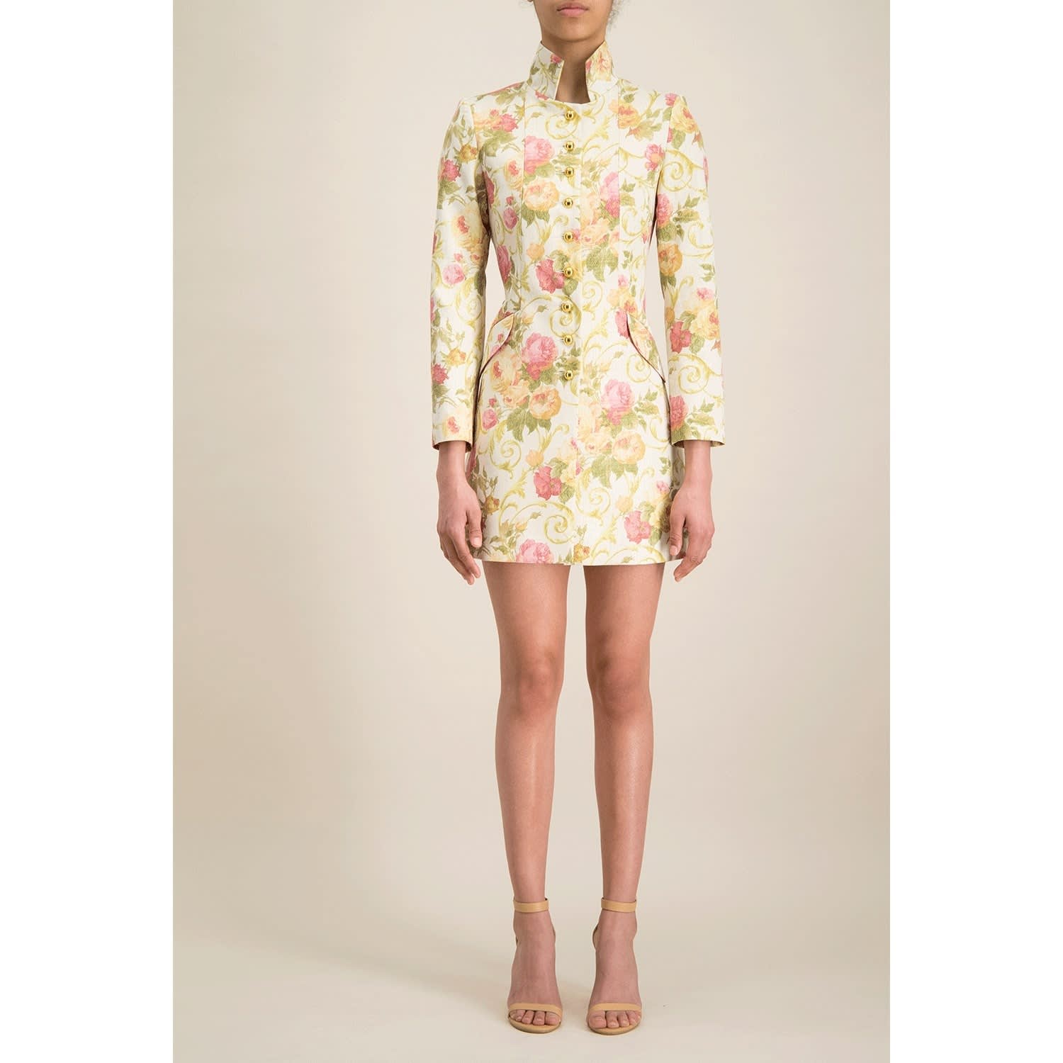 Iconic Romantic Floral Print Jacquard Coat by Monique Singh