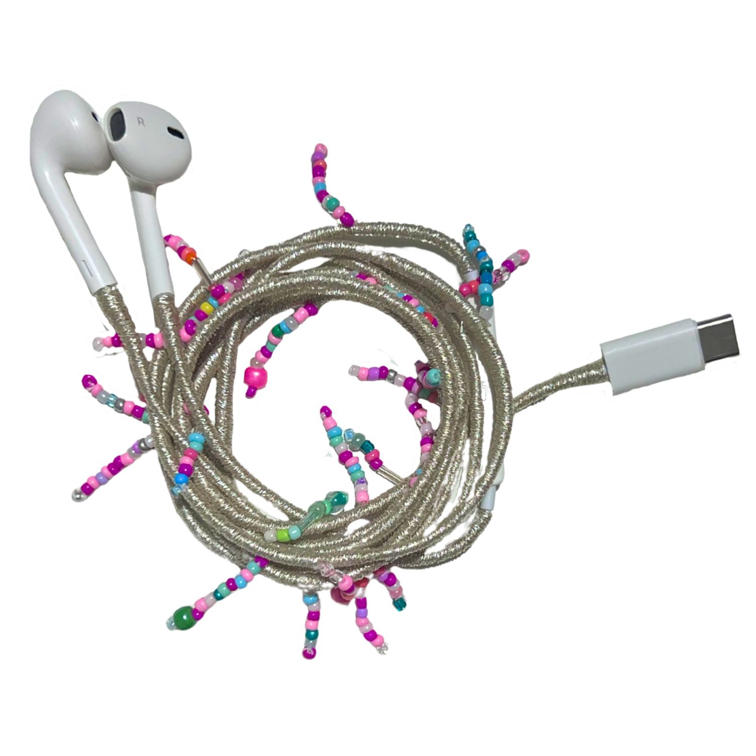 Le Pom Pom Silver Earphones With Dangling Beads