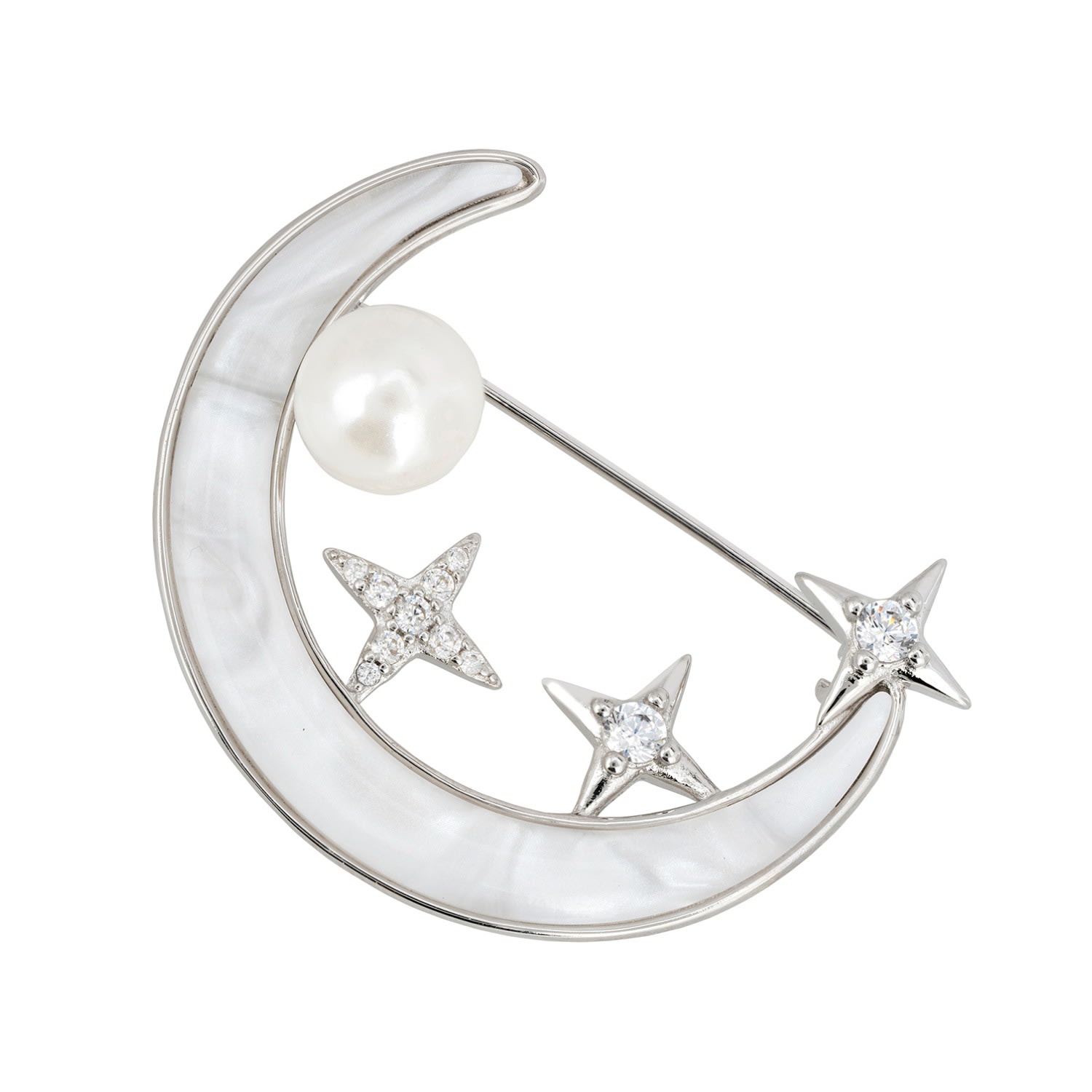 Latelita Women's White / Silver Galileo Mother Of Pearl Moon & Star Brooch Silver