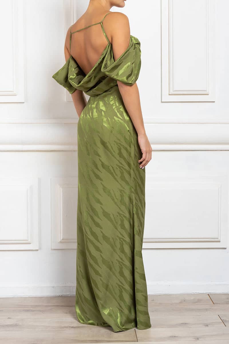 Cowl Neck Off Shoulder Maxi Satin Dress In Green by Clich Reborn