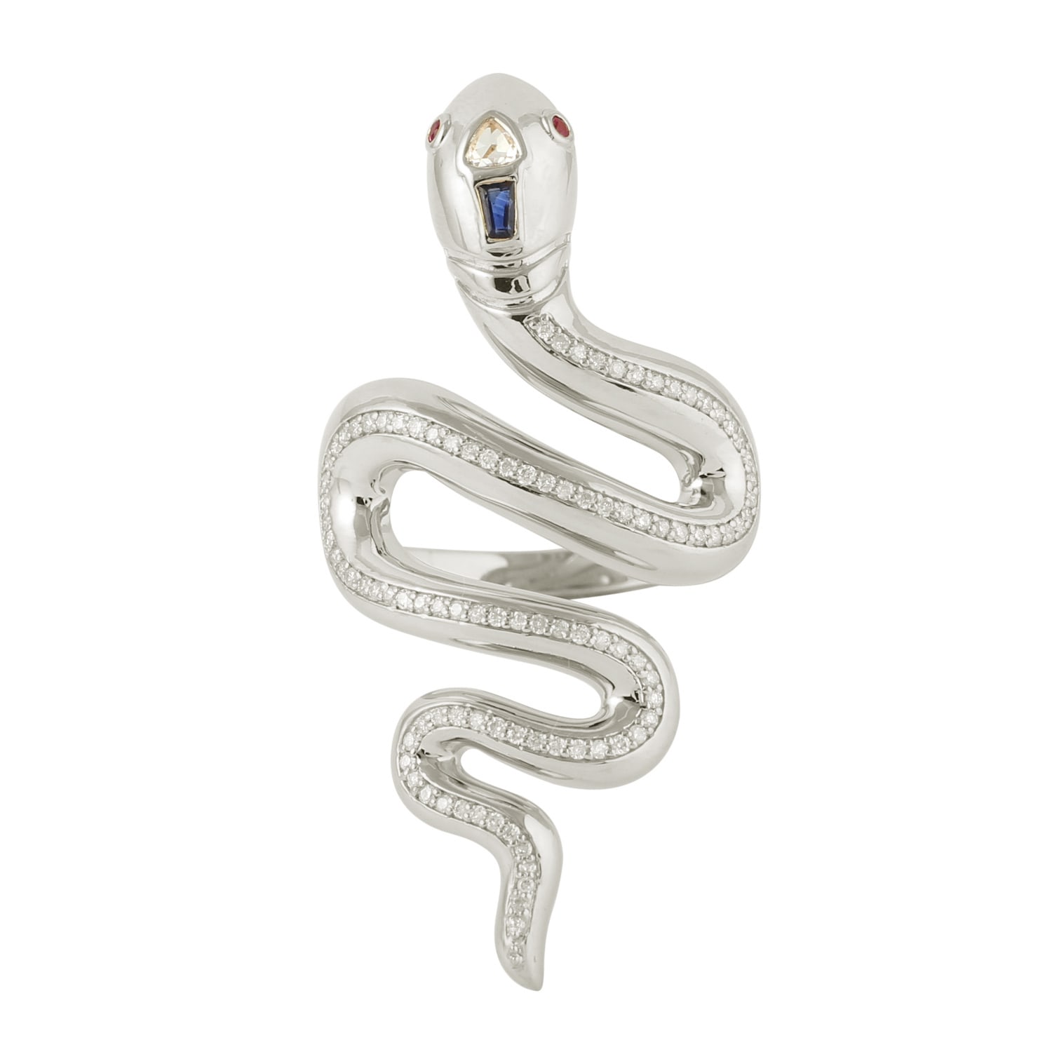 Women’s Red / White / Blue Natural Sapphire Ruby Diamond Snake Ring 14K White Gold Solid Bypass Long Ring Artisan