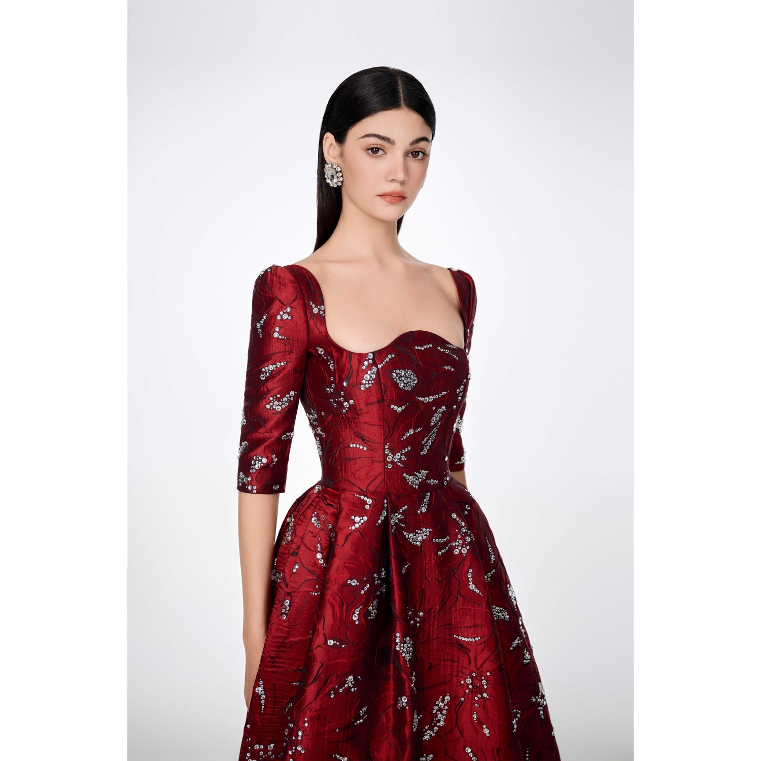 Long Sleeve Curved Neckline Full Dress With Crystal Embroidery