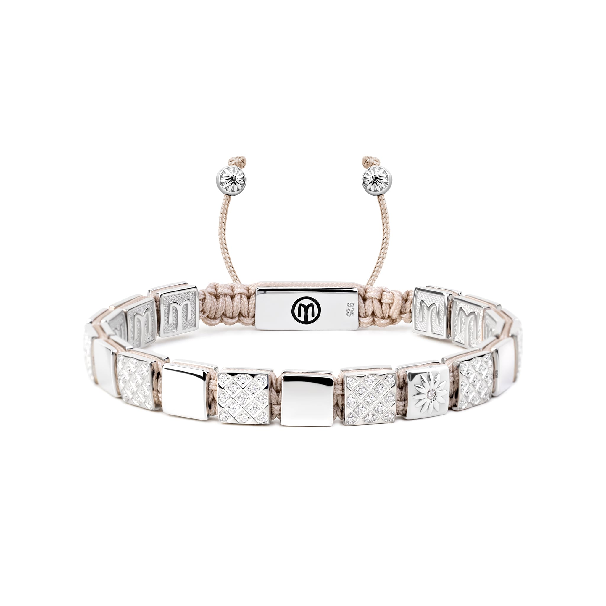 Mahigan Women's Silver Macrame Bracelet With Light Beige String & White Moissanites