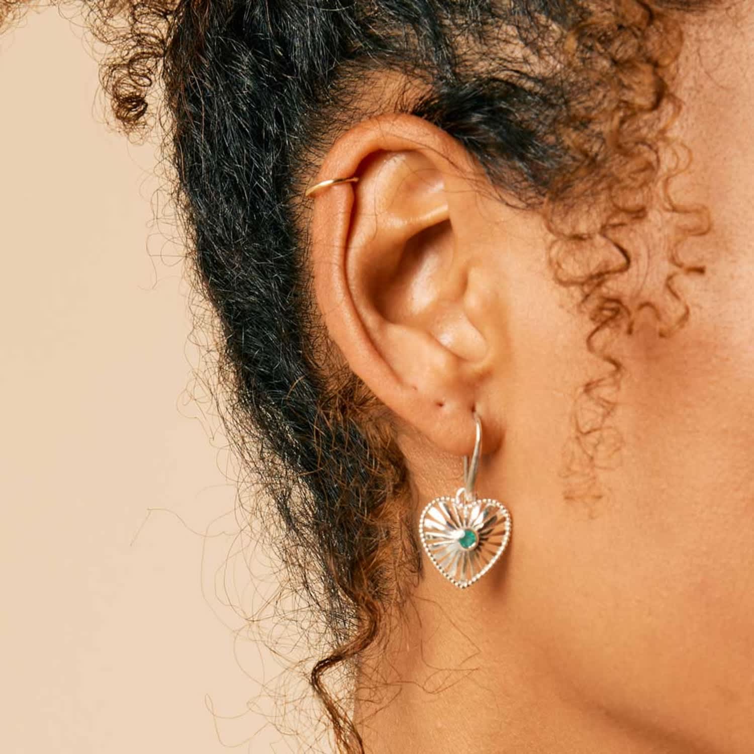 Heart Rays Silver Statement Earrings - Green Onyx