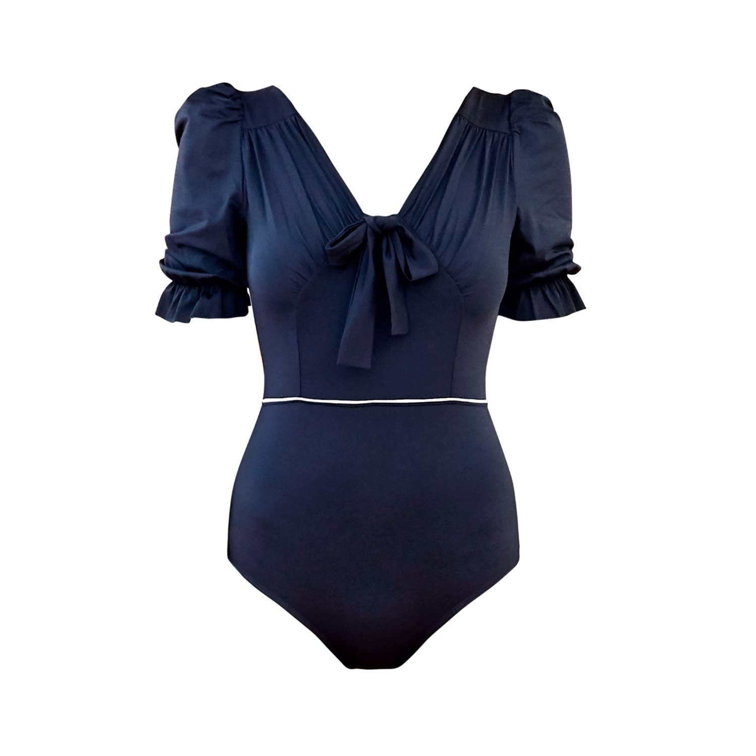 Navy Volume Puff Sleeves One Piece Swimwear - Blue by QUA VINO