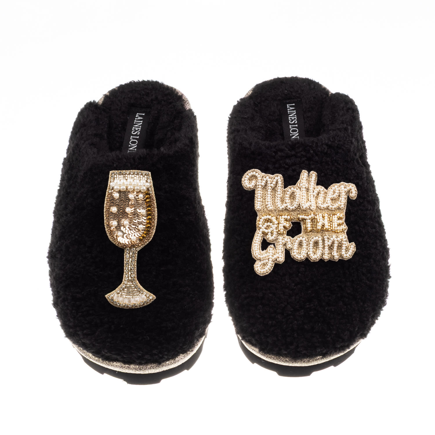 Laines London Women's Teddy Closed Toe Slippers With Mother Of The Groom Brooches - Black In Black