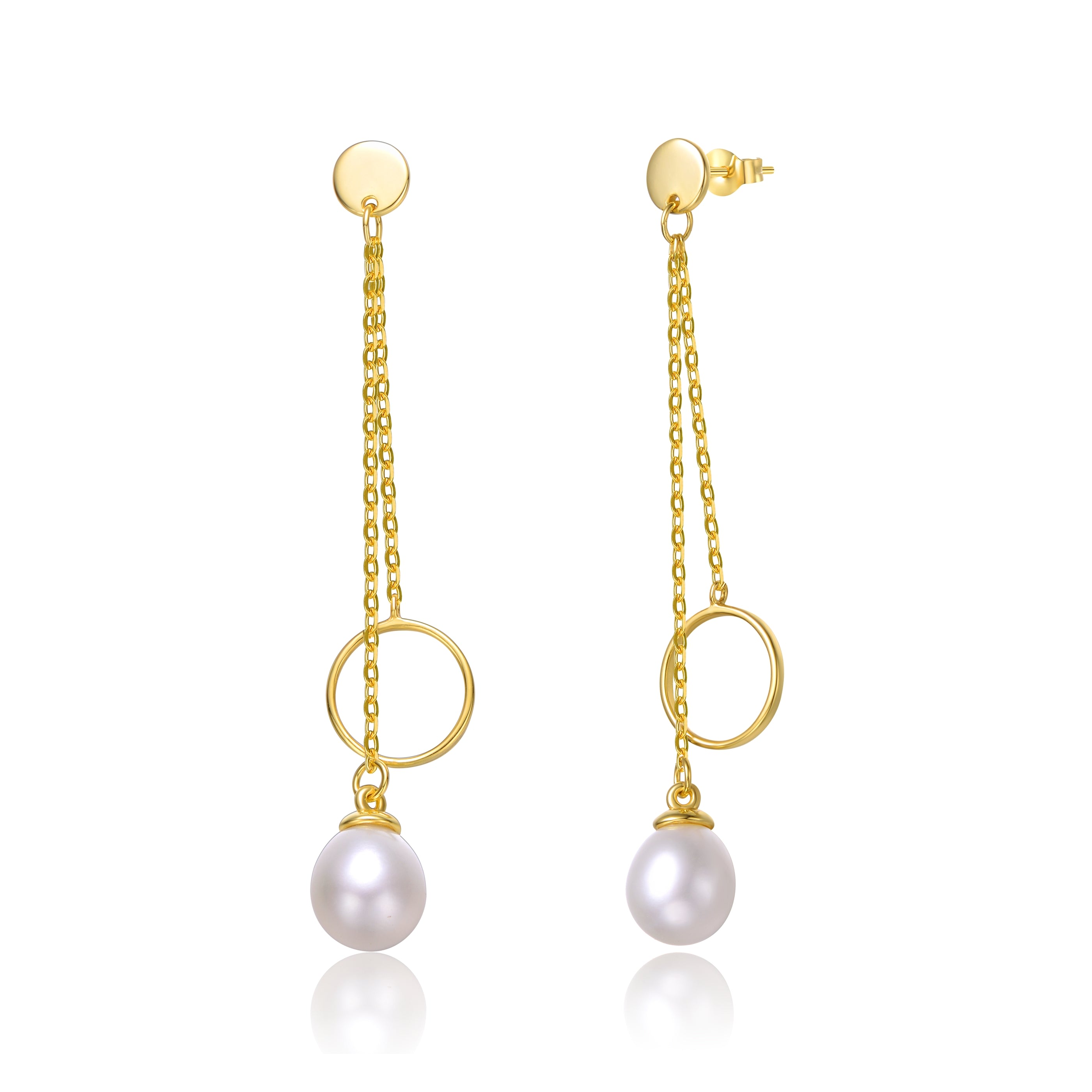 Women’s Gold / White Delphine Golden Circle Pearl Dainty Chain Dangle Earrings Genevive Jewelry