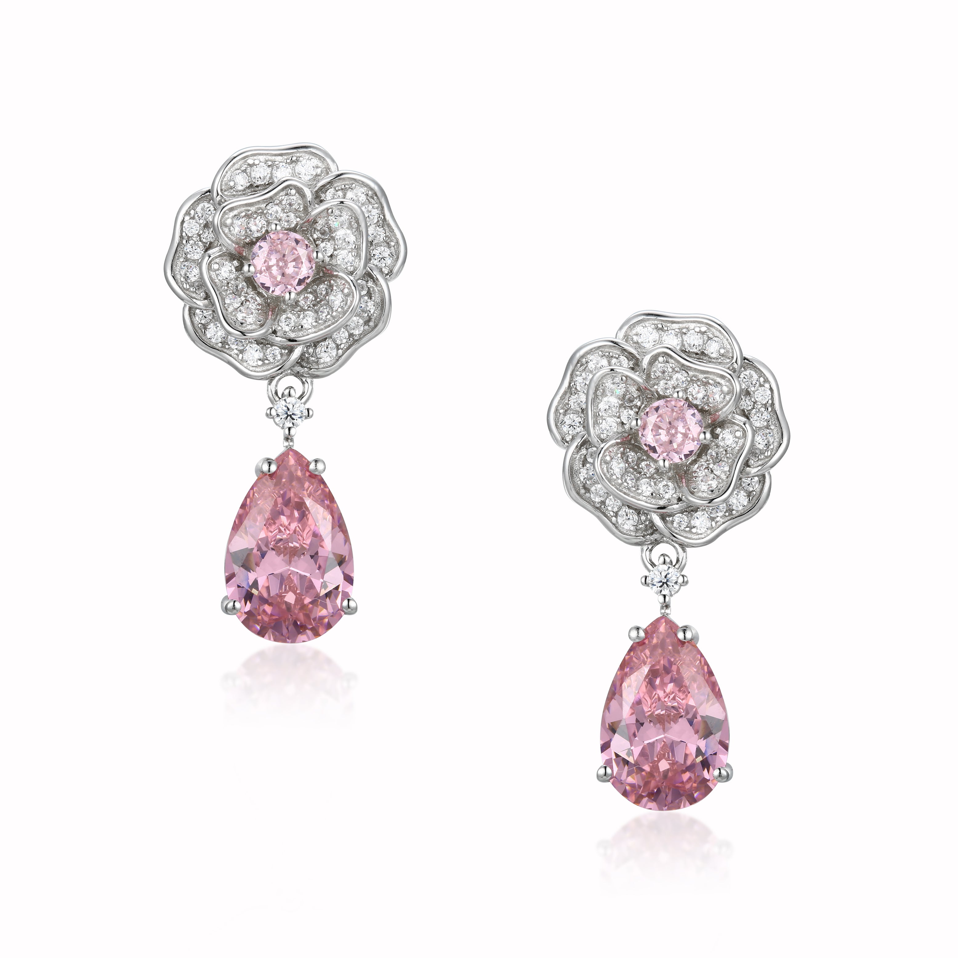 Women’s Pink / Purple / Silver Baroness Flower & Pink Crystal Drop Silver Earrings Santinni