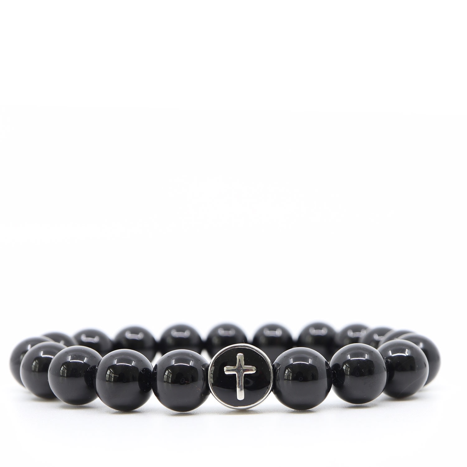 Shar Oke Men's Black / Silver Black Tourmaline & Silver Stainless Steel Cross Beaded Bracelet In Multi