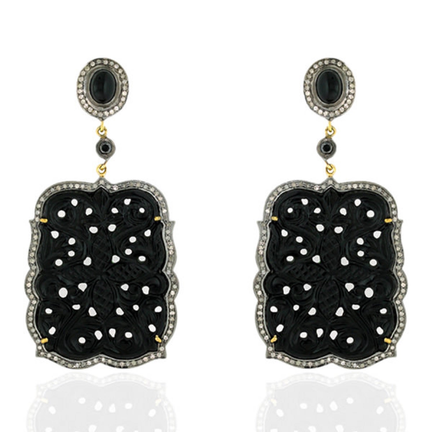 Women’s Gold / Black Carved Onyx Pave Diamond With 18K Gold In 925 Sterling Silver Dangle Earrings Artisan