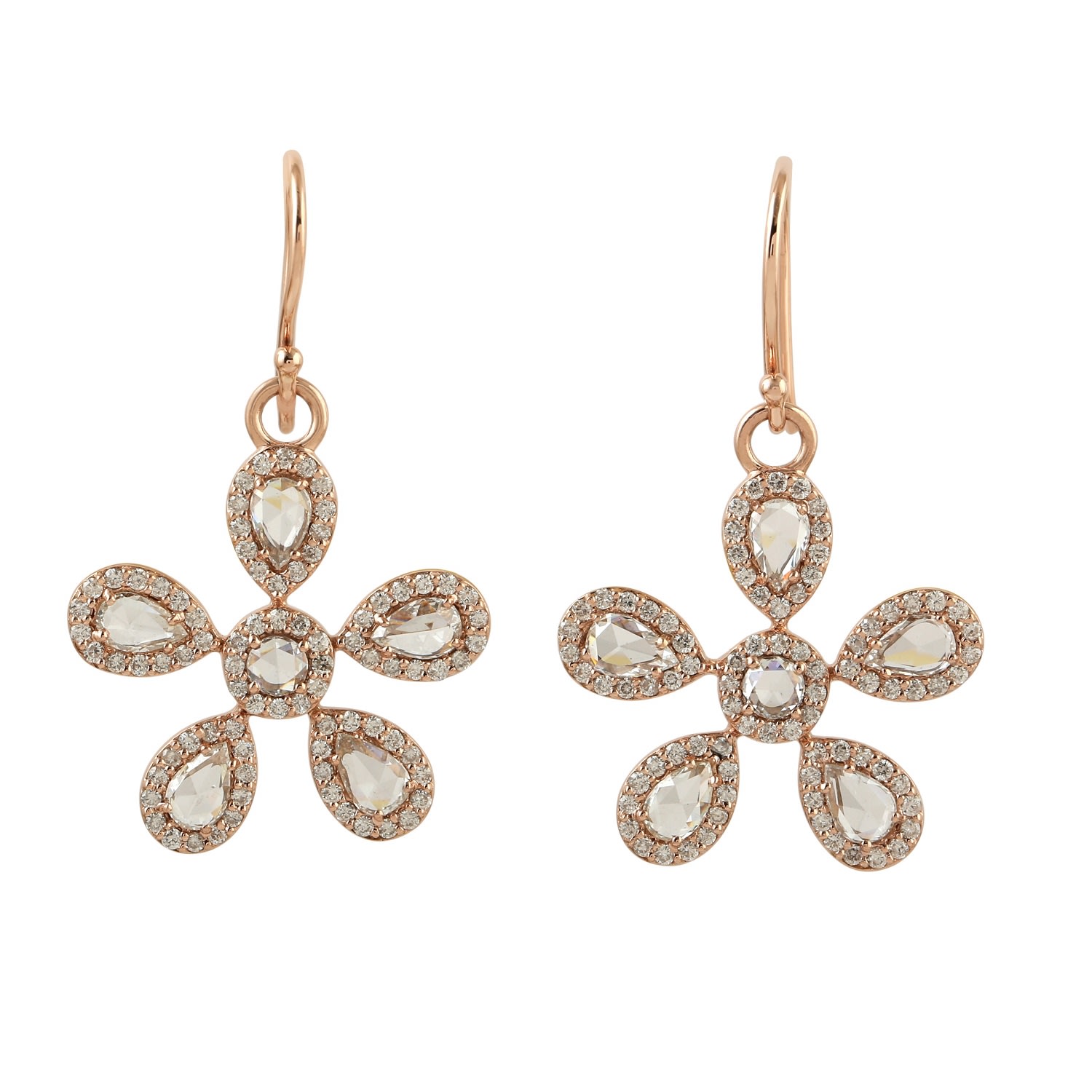 Women’s Rose Gold / White Natural Diamond Flower Shape Dangle Earrings 14K Rose Gold Diamond Artisan