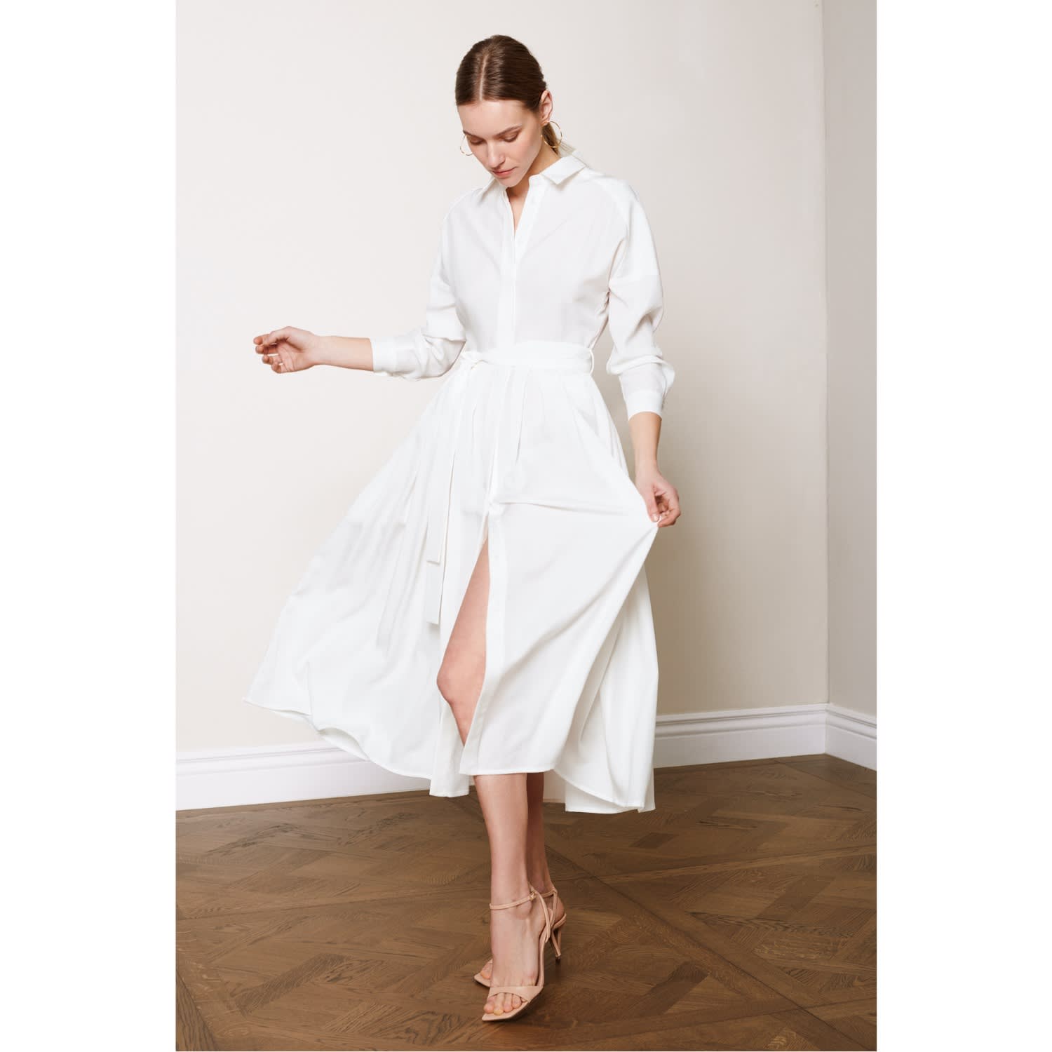 white pleated shirt dress