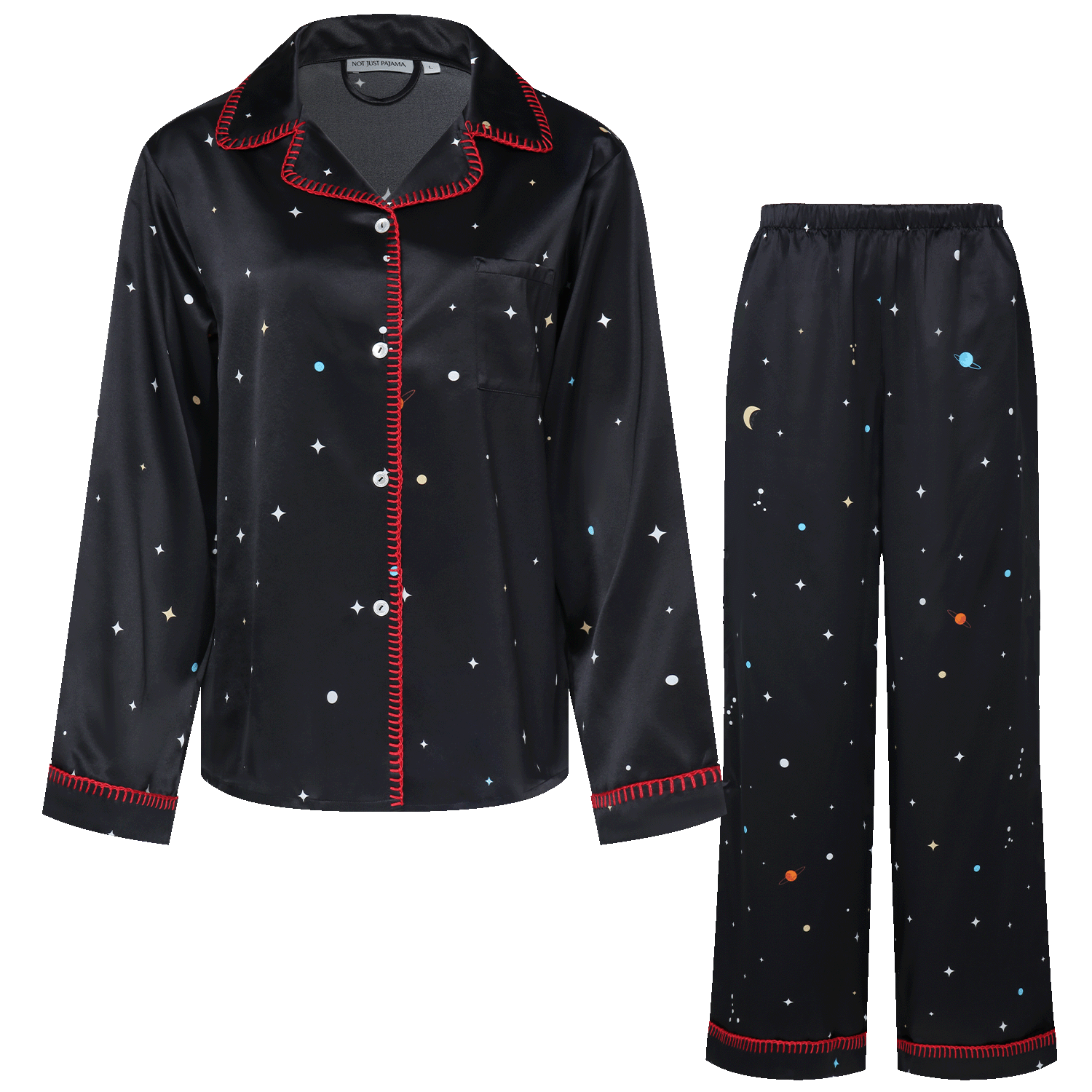 Women’s Black Galaxy Edition Silk Pajamas Long Set Medium Not Just Pajama