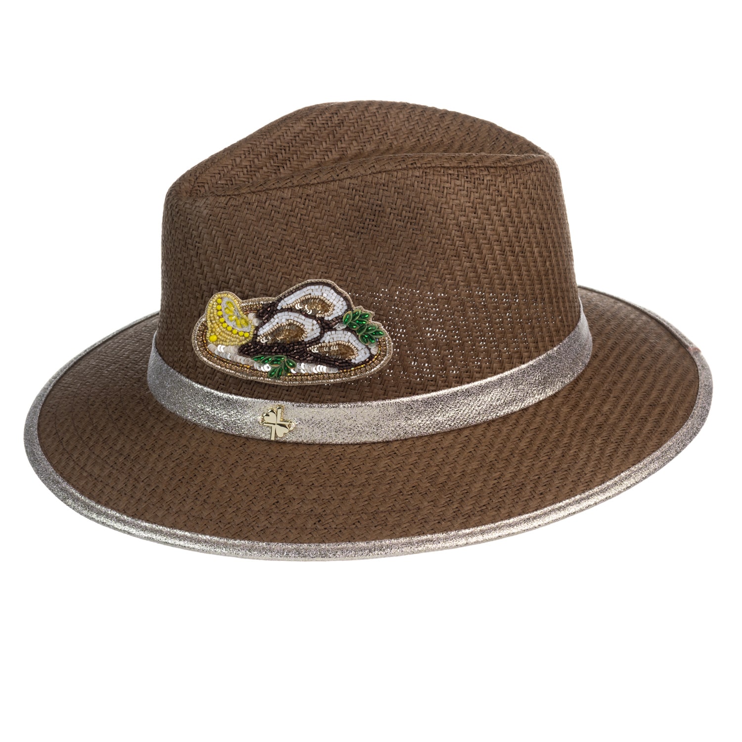 Laines London Women's Brown Straw Woven Hat Embellished With A Handmade Oyster Brooch - Caramel