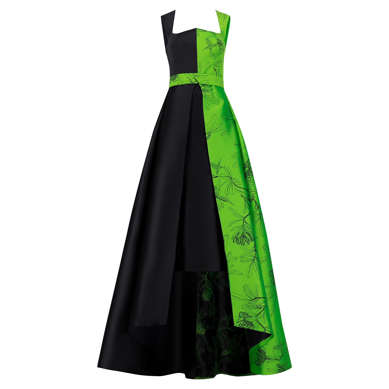 Azzalia Women's Black Two-toned Dress With Statement Tail And Jacquard Printed Belt In Black