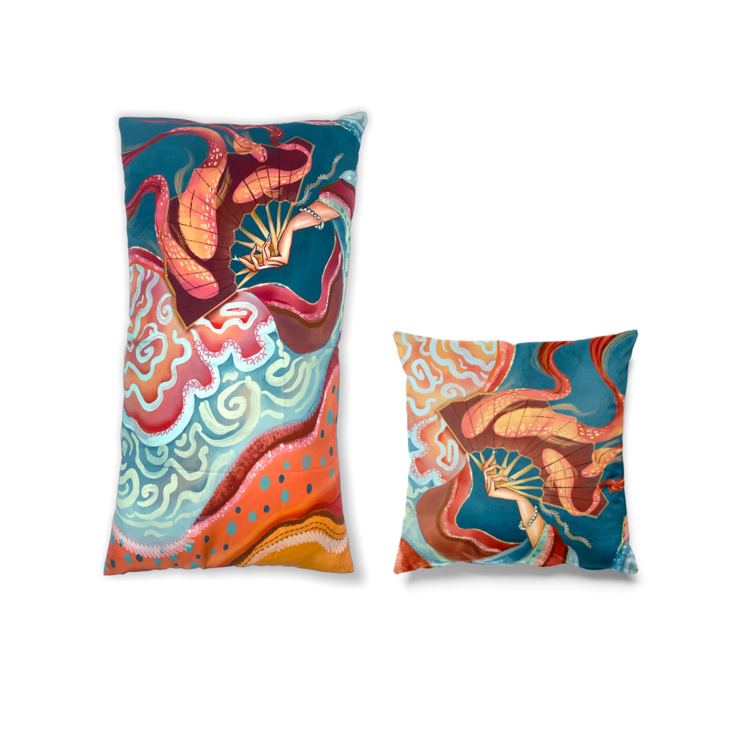 Red Fan Print Silk Cushion Set Of Two Suki Wang London