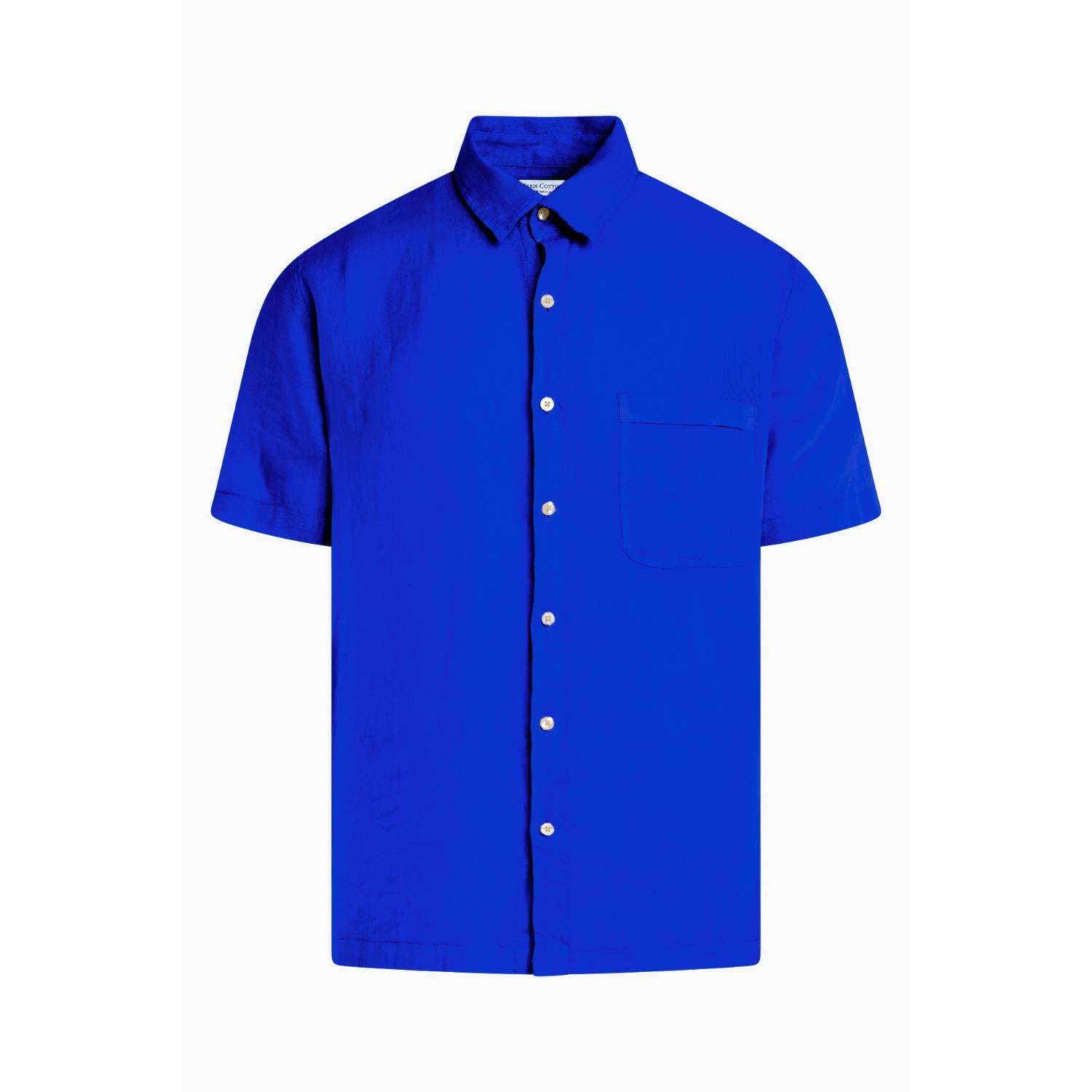 Men’s Blue Short Sleeved Front Pocket Linen Shirt - Lapis Small Haris Cotton