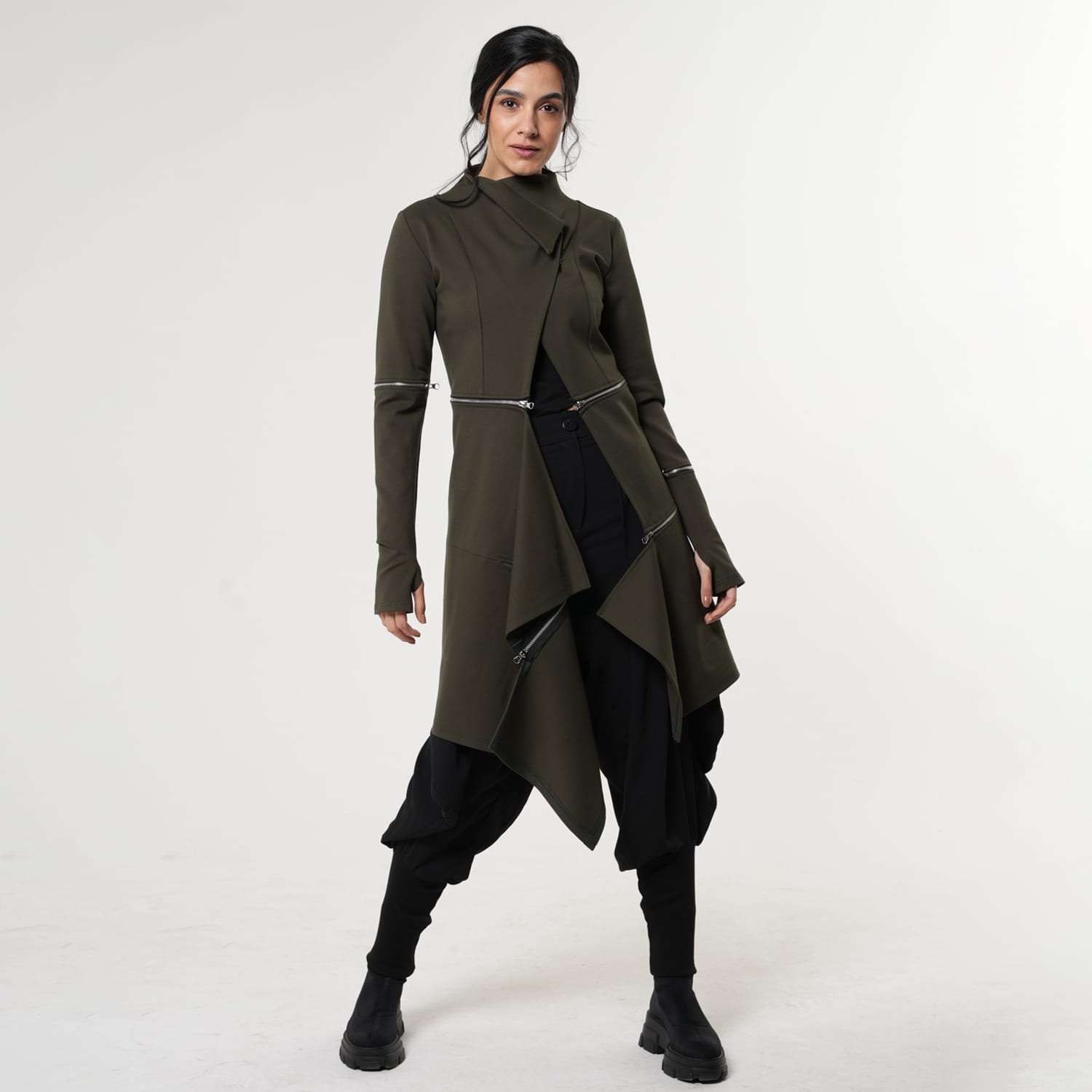 Long Sleeved Asymmetrical Jacket In Dark Green Long Sleeved Asymmetrical Jacket In Dark Green