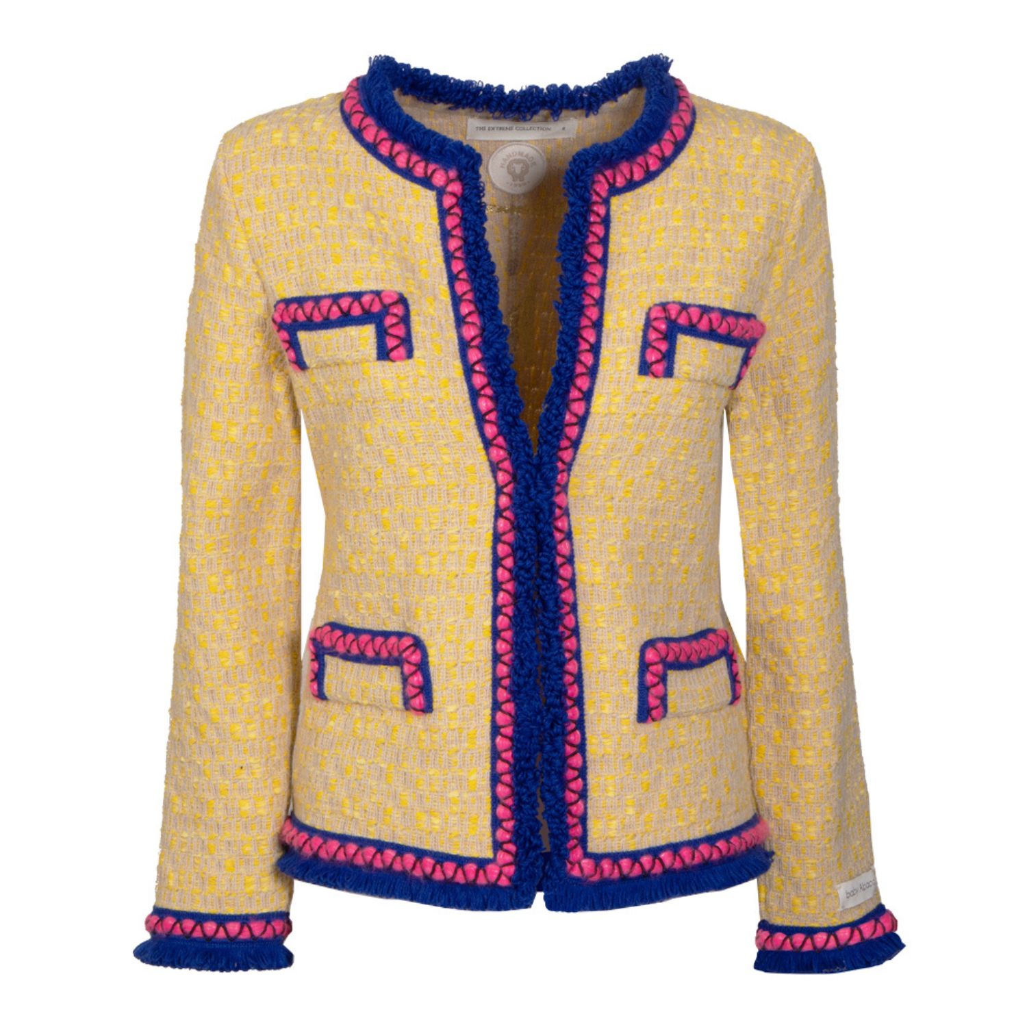 Women’s Yellow / Orange Wool And Alpaca Yellow Tweed Jacket With Pink And Blue Detail Mafalda Large The Extreme Collection