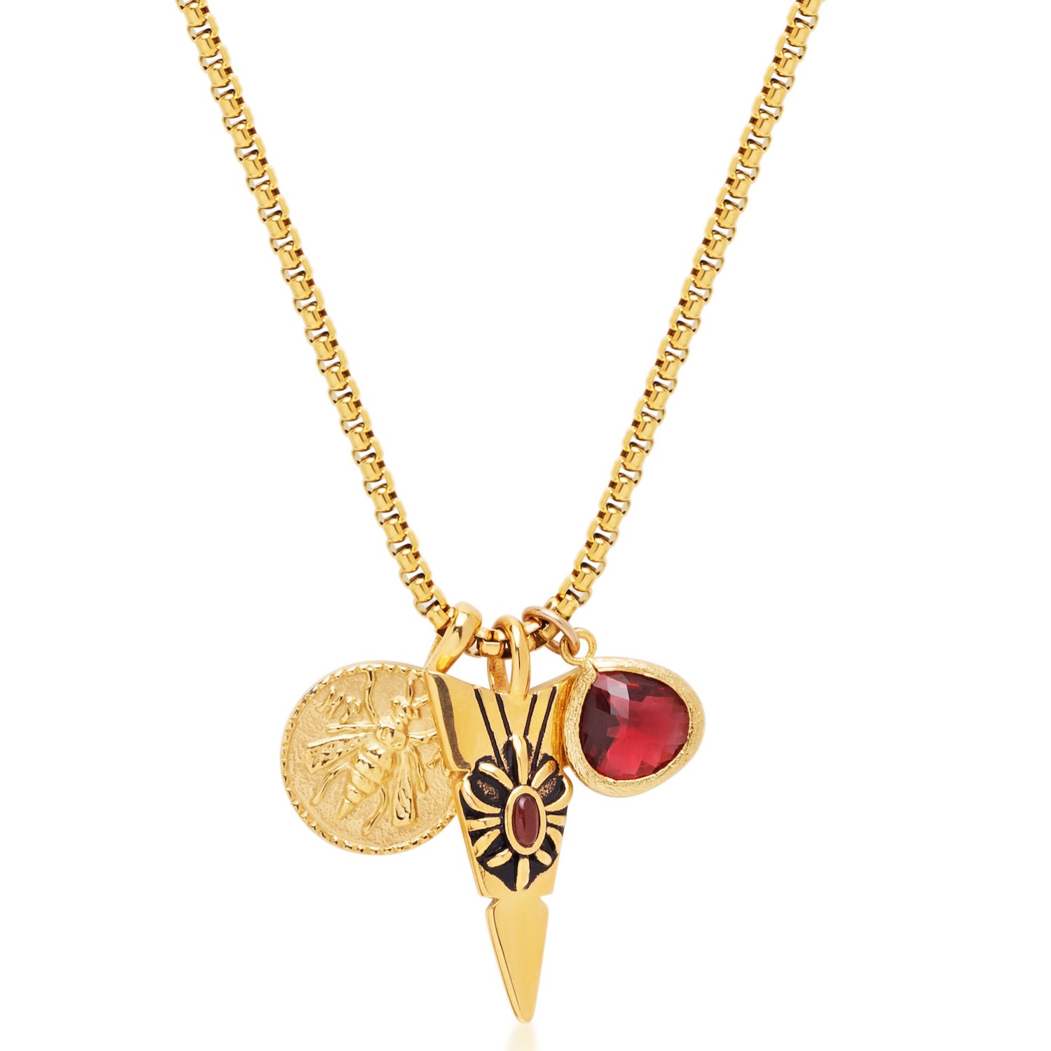 Nialaya Gold / Red Mens Golden Talisman Necklace With Arrowhead, Red Ruby Cz Drop And Bee Pendant In Gold/red