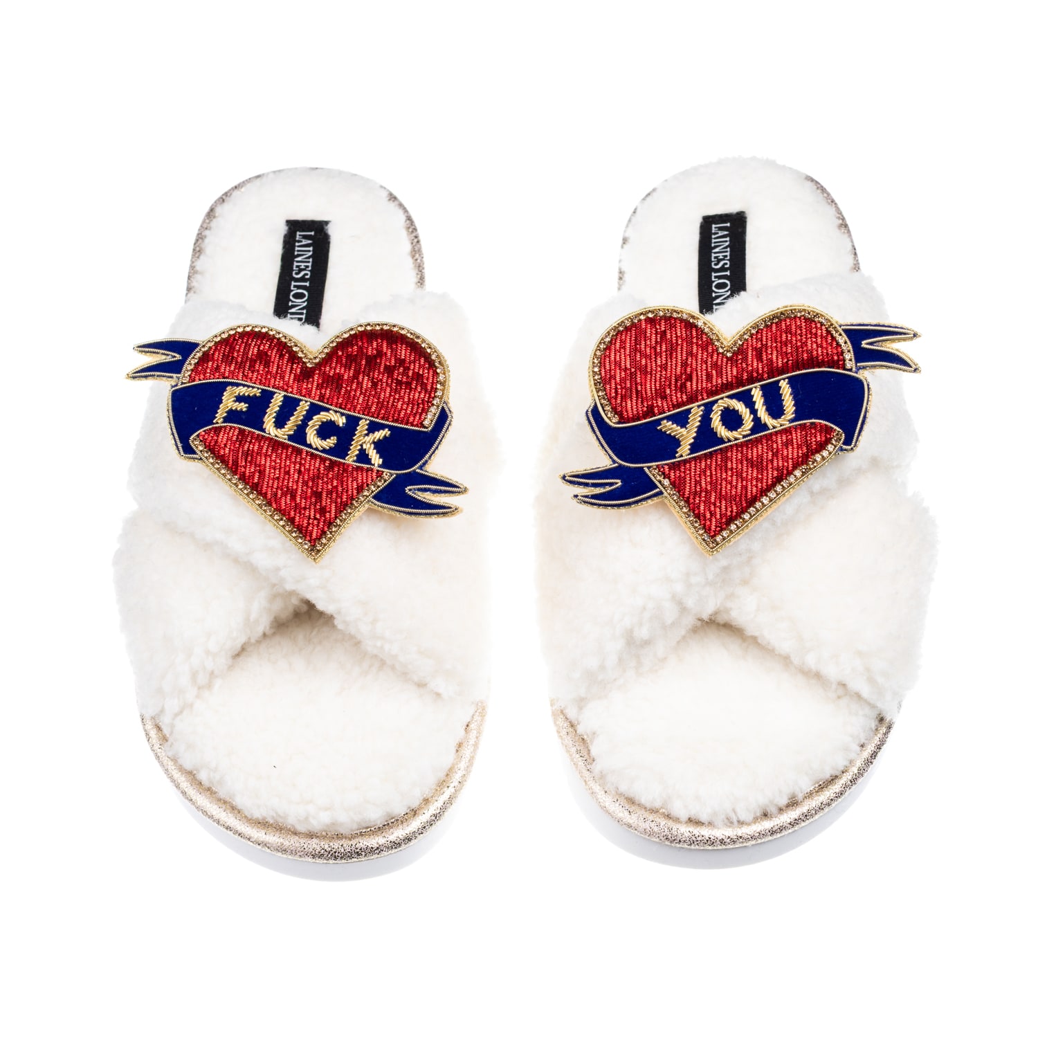 Laines London Women's Neutrals / White Laines Neutral Boucle Slippers With Fuck You Brooches - Cream