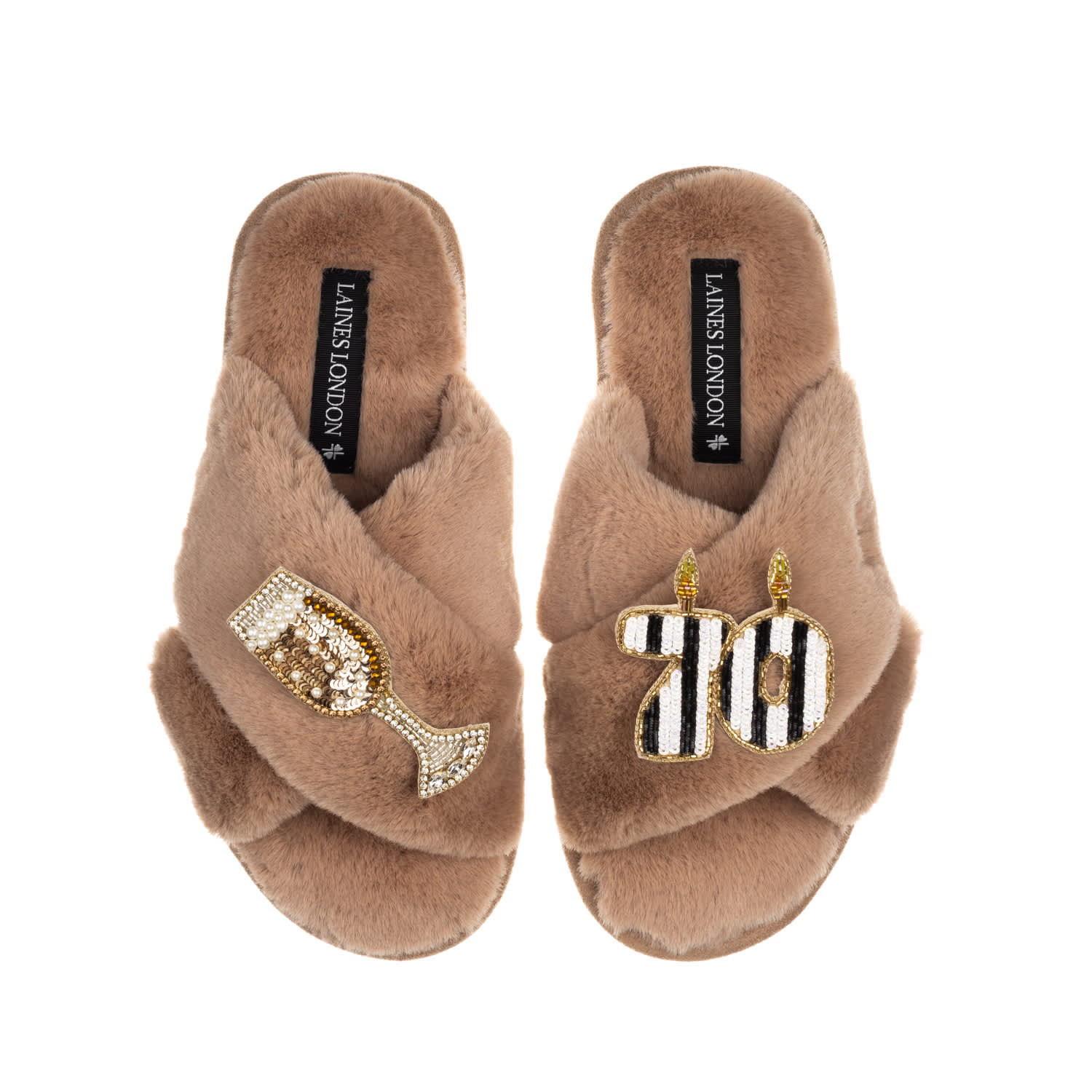 Laines London Women's Brown Classic Laines Slippers With Stripe 70th Birthday & Glass Of Champagne Brooches - Toff In Brown