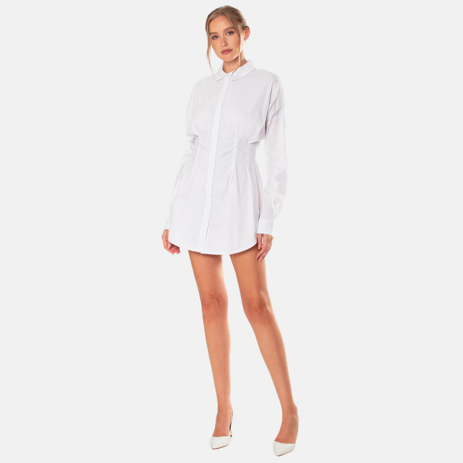 Ella White Fitted Long Sleeve Shirt Dress | OW Collection | Wolf & Badger
