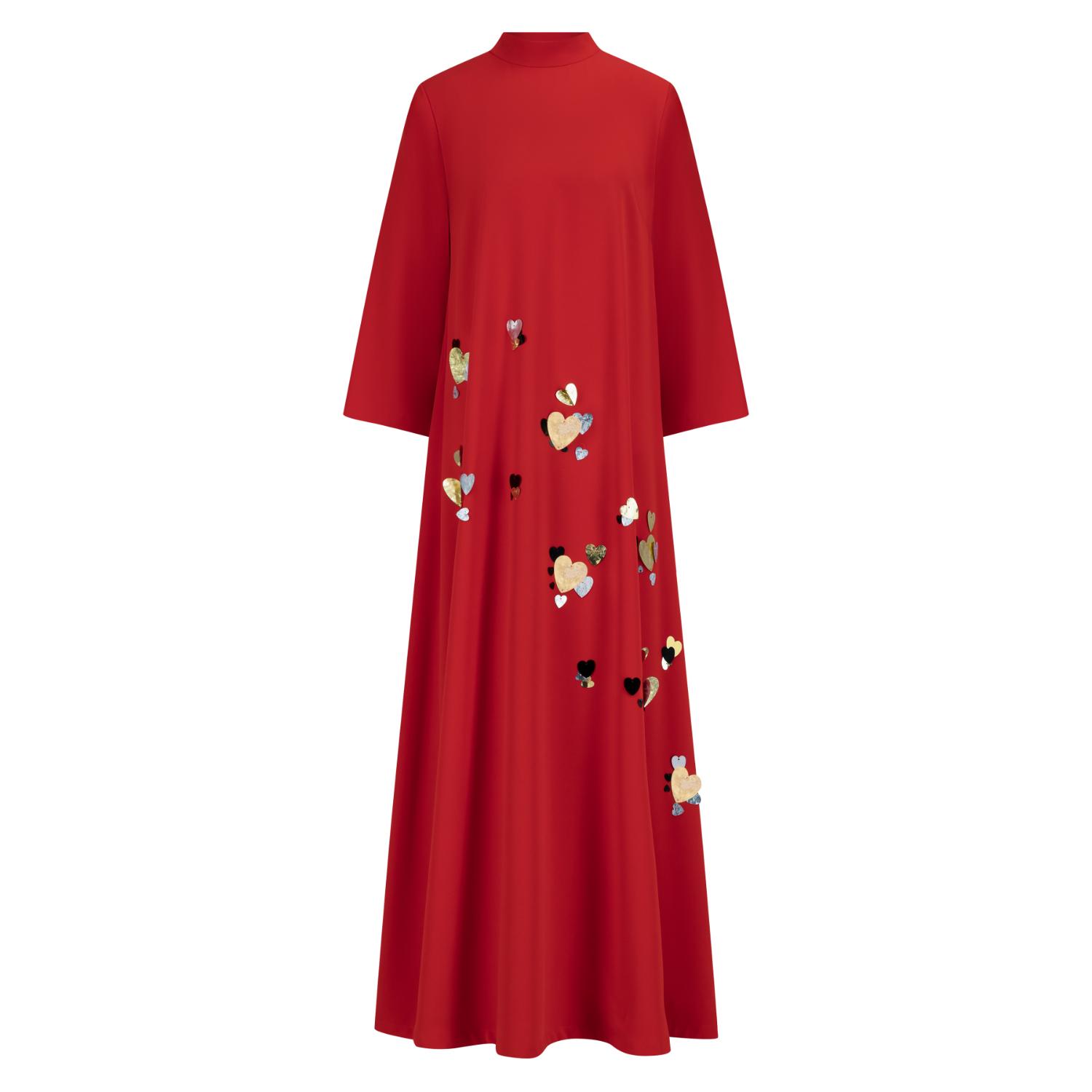 Azzalia Women's Red Long Sleeve Crepe Dress With 3d Embroidery With High Collar Neck Closed With A Bow-tomat In Red