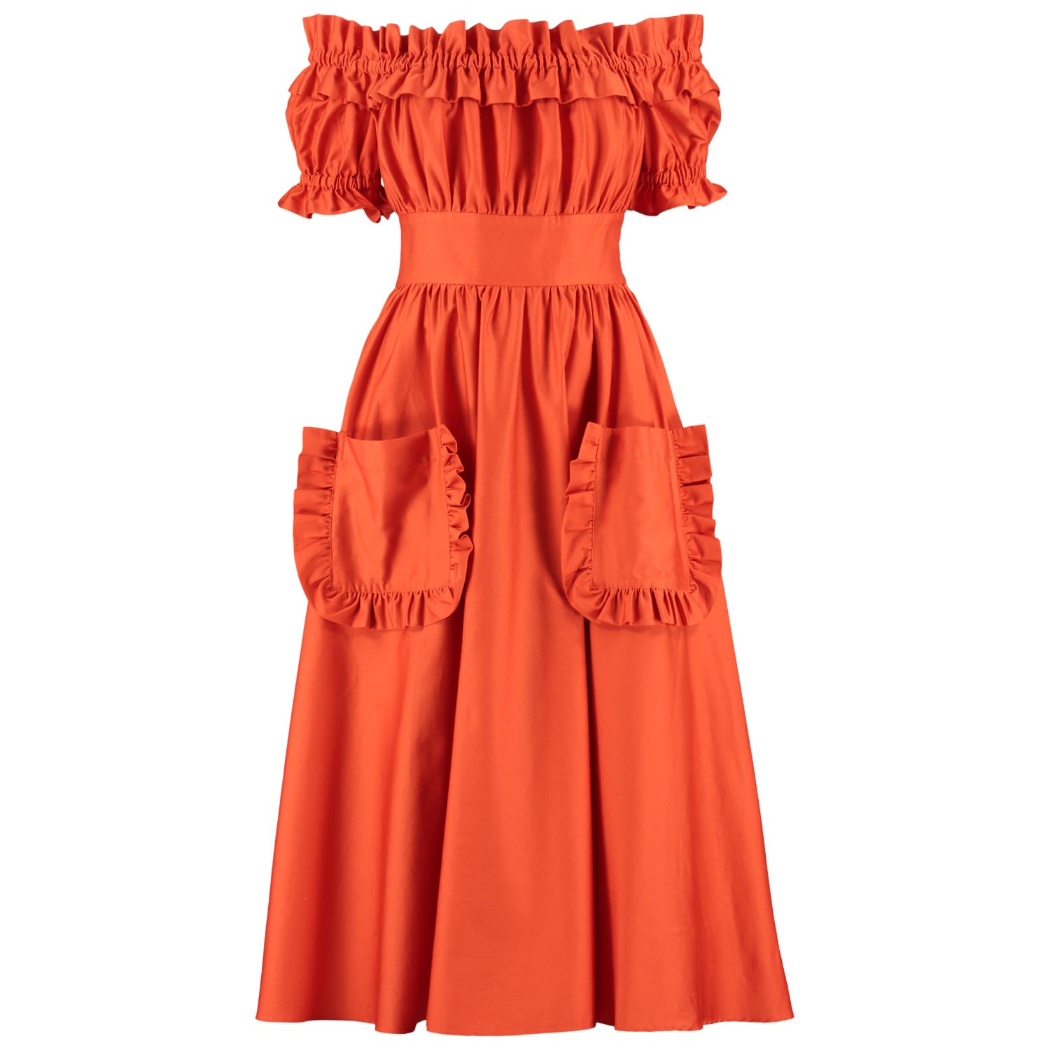 Lavaand Women's Red The Tamsin Bardot Ruffle Pocket Midi Dress In Sunset Orange In Red