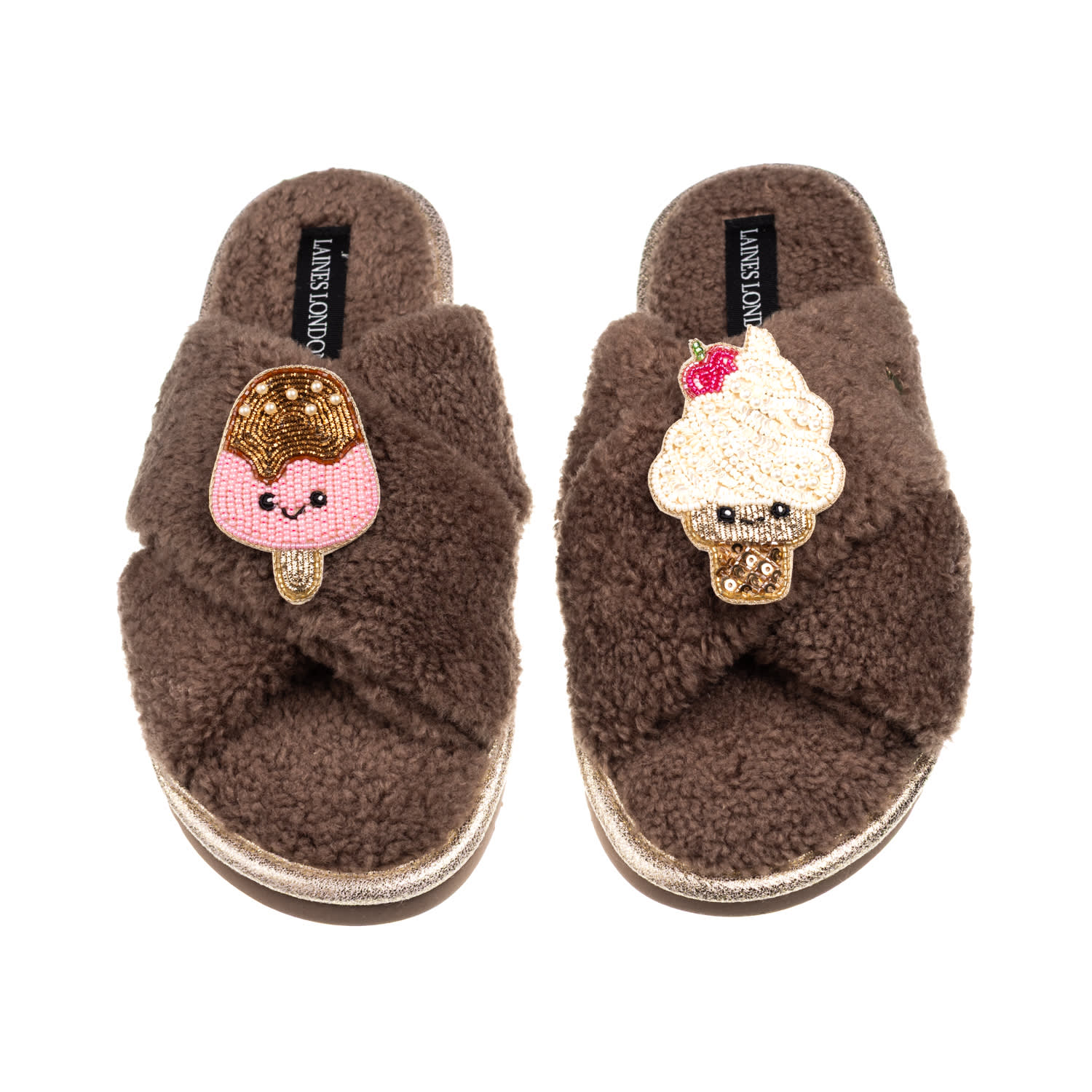 Laines London Women's Brown / Neutrals Laines Boucle Slippers With Laines Loveables Ice Lolly & Ice Cream Brooches