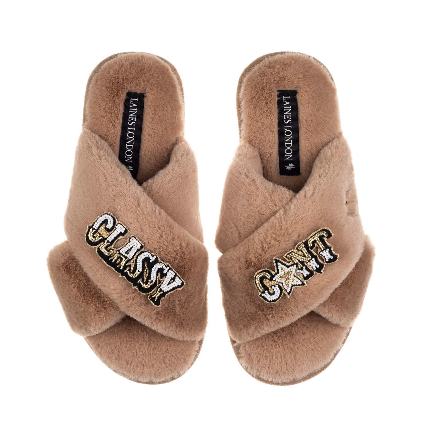 Laines London Women's Brown / Neutrals Classic Laines Slippers With Classy Cunt Brooches - Toffee In Brown