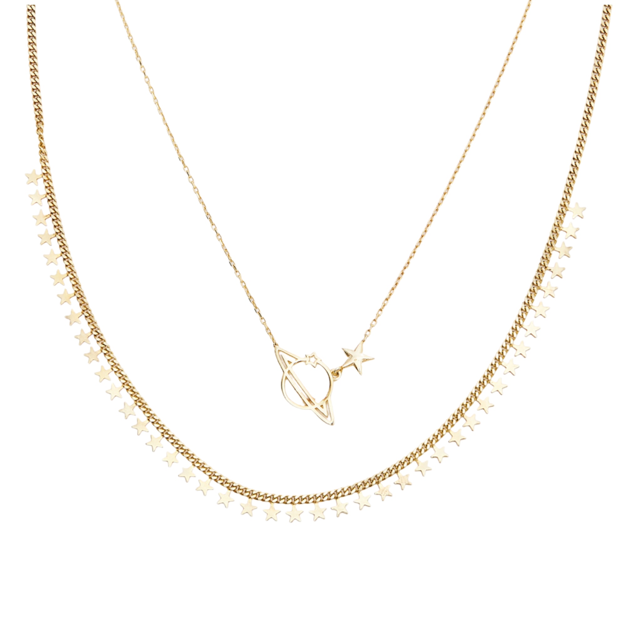 Women’s Multiple Star Sterling Silver Station & Saturn Necklace Stacking Layering Set - Gold Spero London