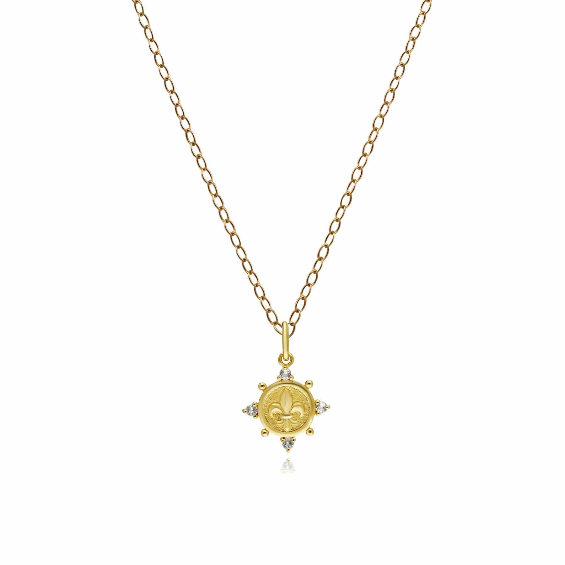 Women’s White Topaz Fleur De Lis Coin Pendant Necklace In Yellow Gold Gemondo