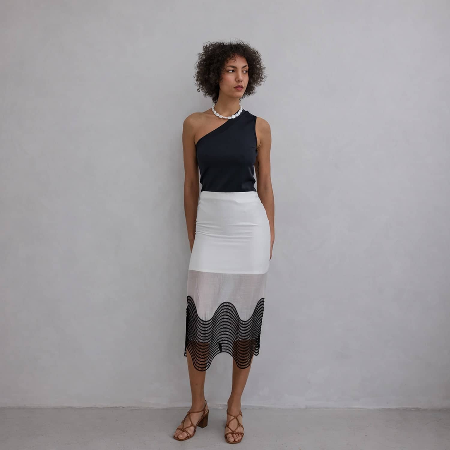 White Sheer Pencil Skirt With Black Embroidery | London Atelier