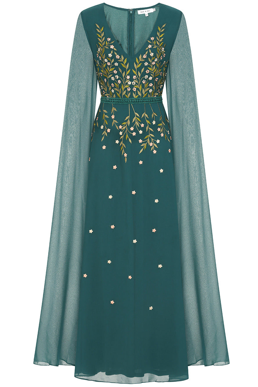 Frock And Frill Women's Thalia Green Embroidered Cape Sleeve Maxi Dress