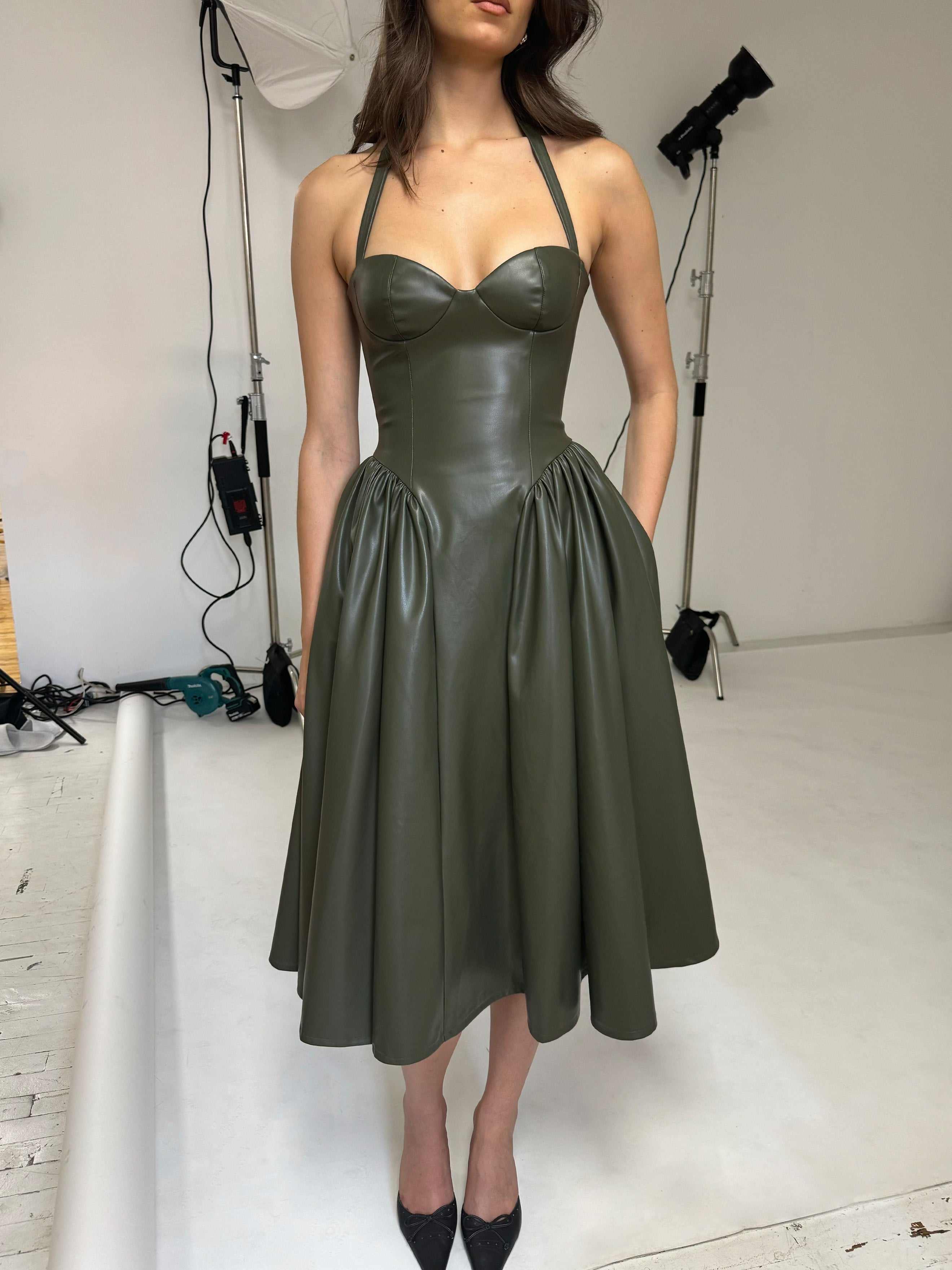 Eliana Olive Vegan Leather Dress | Miss Circle New York | Wolf & Badger