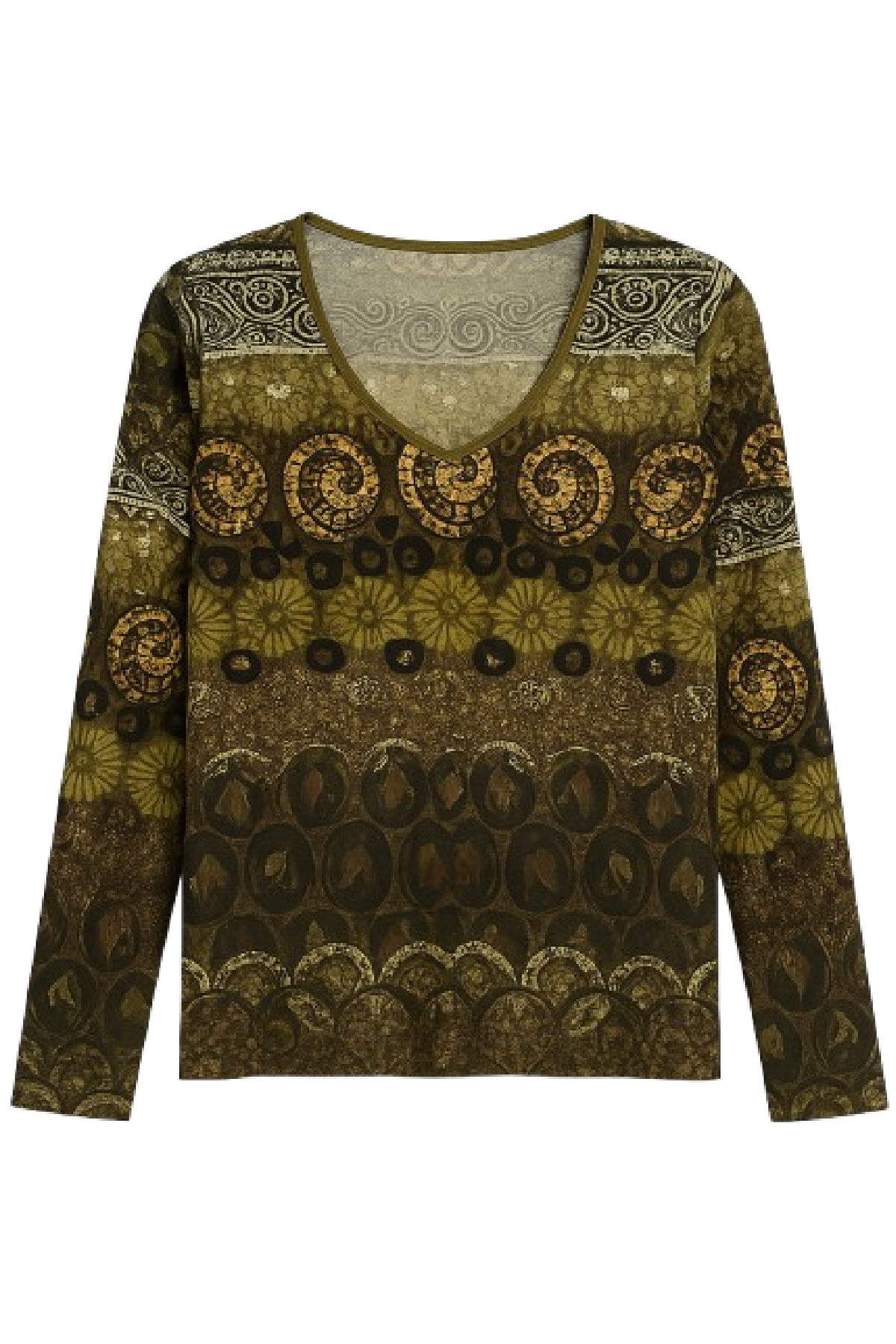 Women's Green Olive Bohemian Print Long Sleeve Top