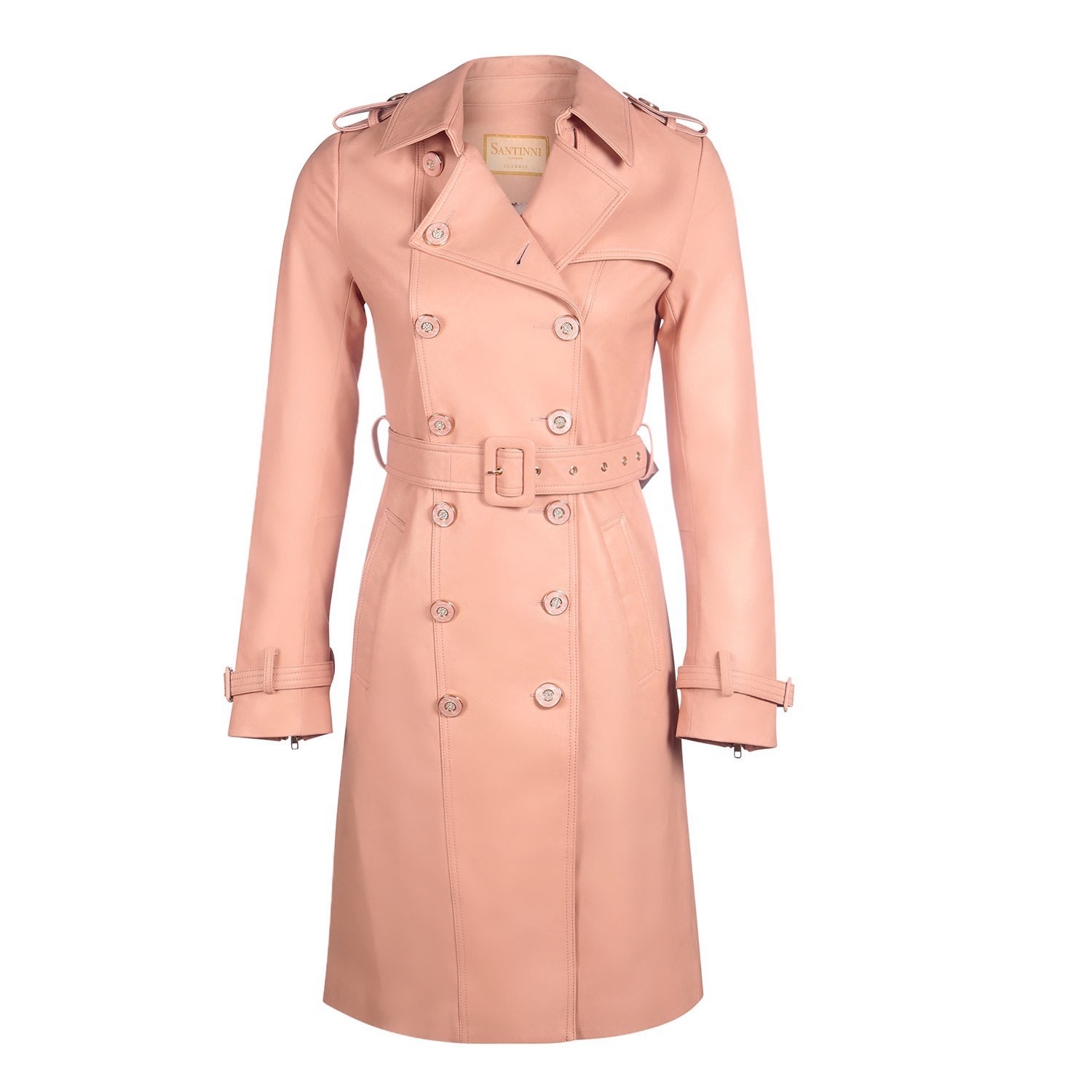 Women's Rose Gold 'Belle Du Jour' 100% Leather Trench Coat In Rosa | Extra Large | Santinni
