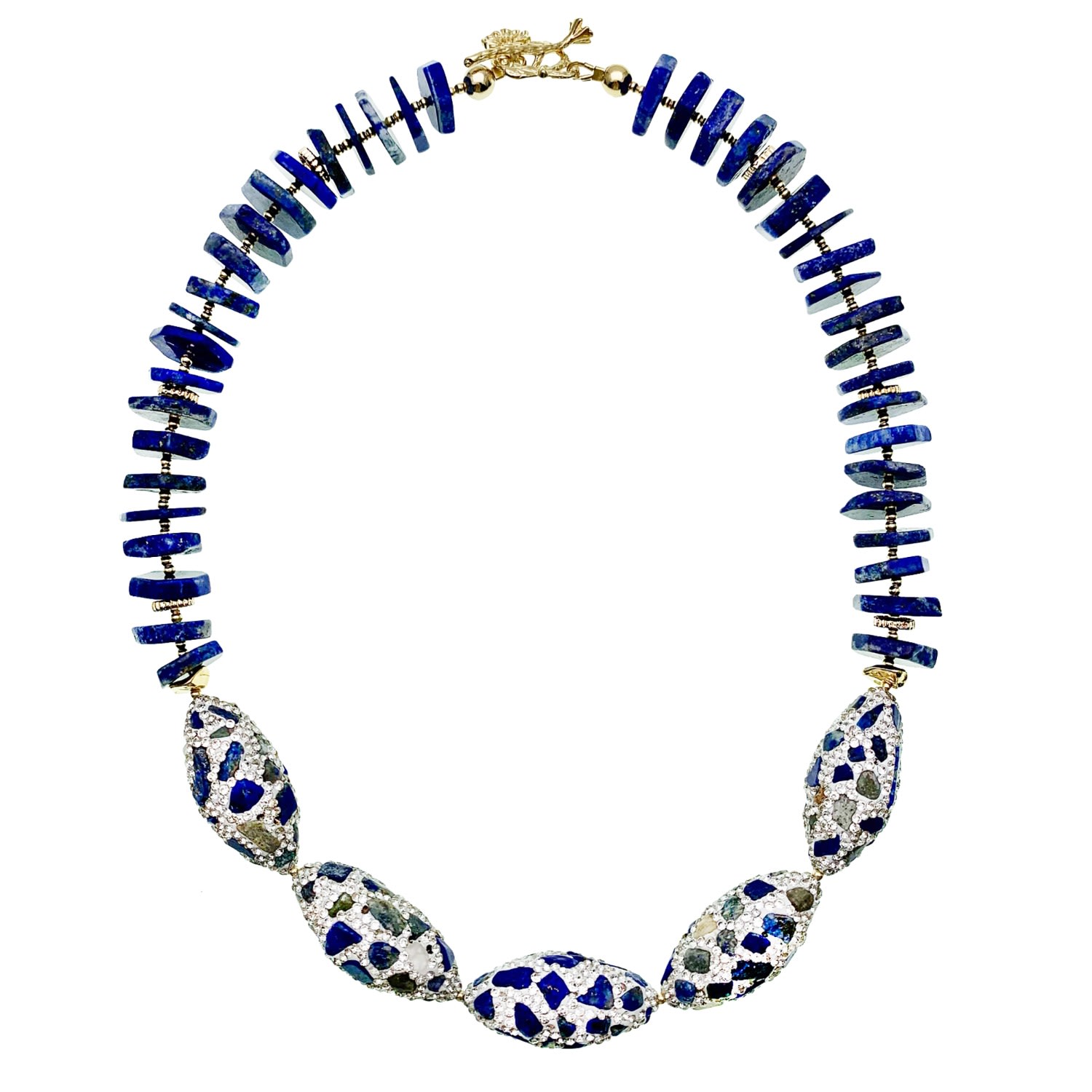 Farra Women's Lapis With Rhinestones Bordered Lapis Stones Short Necklace In Multi