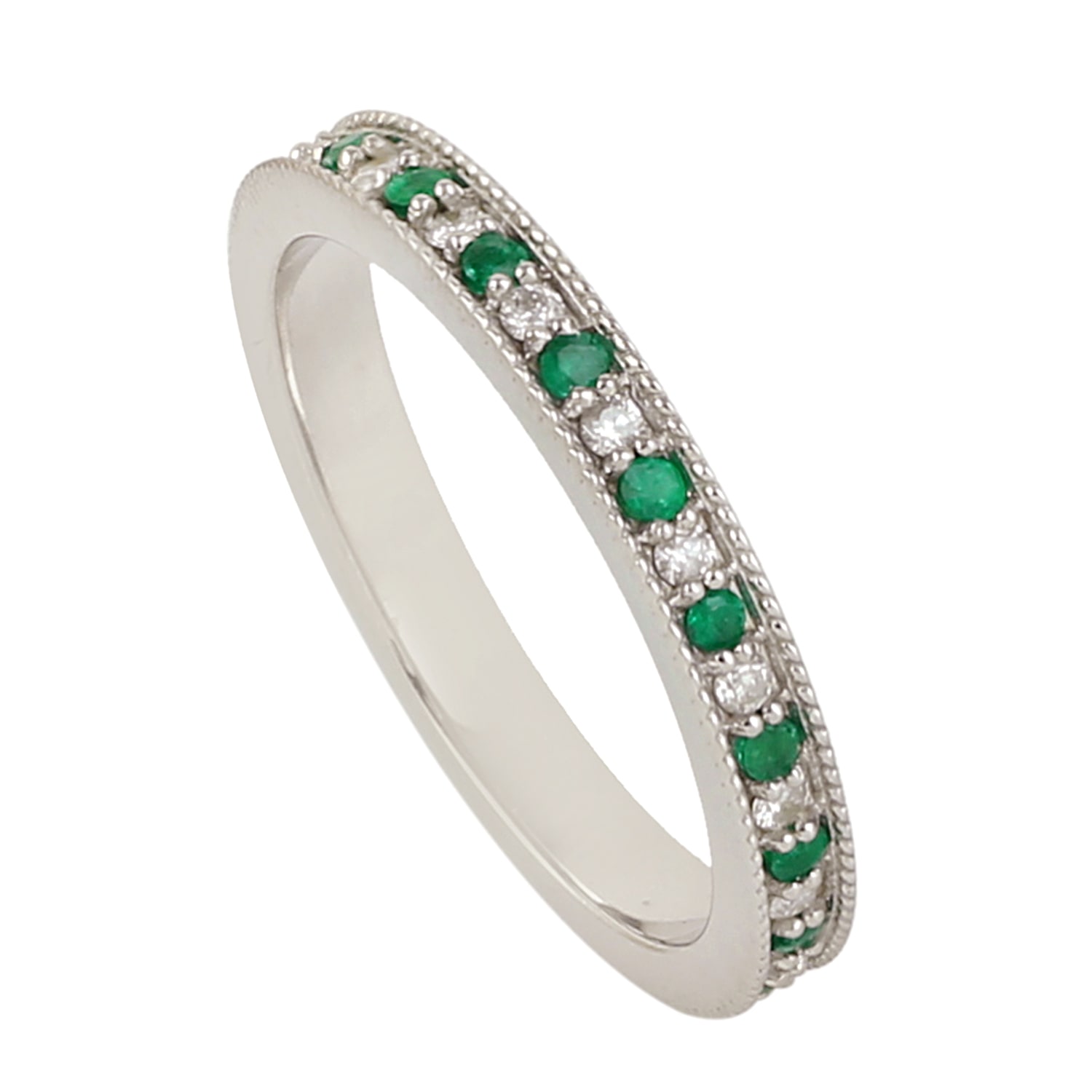 Women’s White / Green Pave Diamond & Emerald Channel Set & Solid 14K White Gold Band Ring Artisan