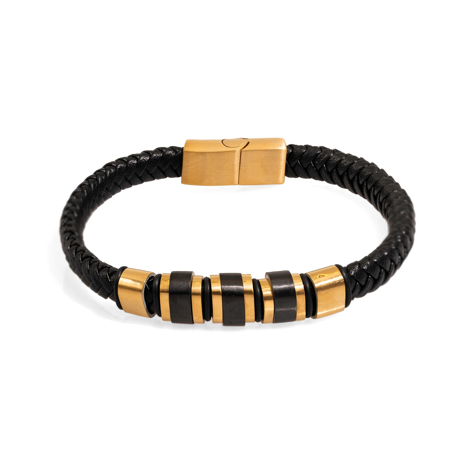 Ebru Jewelry Gold / Black Men's Style Fashion Black Leather & Gold Bracelet - Gold In Black