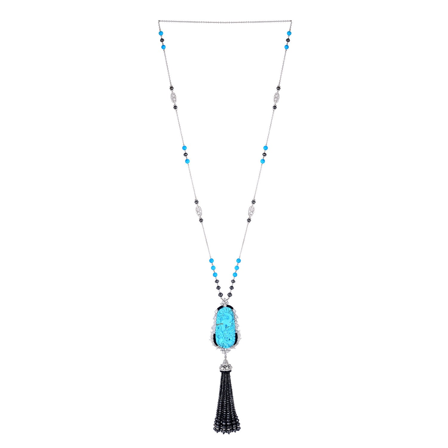 Women’s Black / Gold / White Onyx Turquoise Diamond Beaded Chain Tassel Necklace 18K White Gold Jewelry Artisan