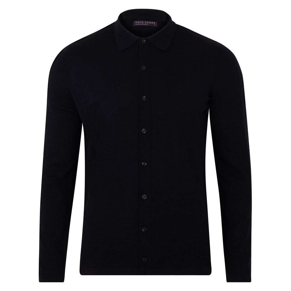 Mens Lightweight Extra Fine Merino Long Sleeve Aiden Shirt - Black XXL Paul James Knitwear