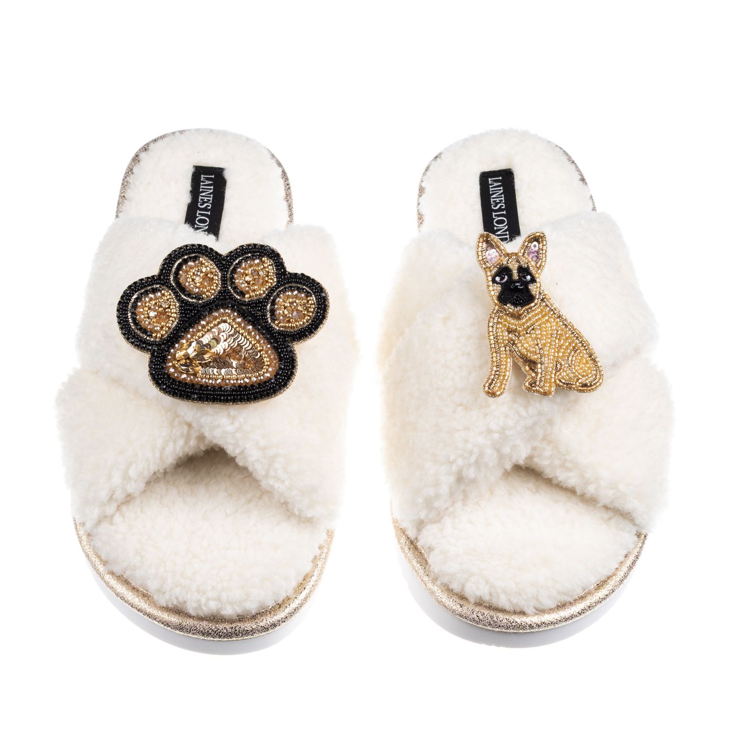 Laines London Women's Neutrals / White Boucle Slippers With Paw & Fawn Sitting French Bulldog Brooches - Cream In White