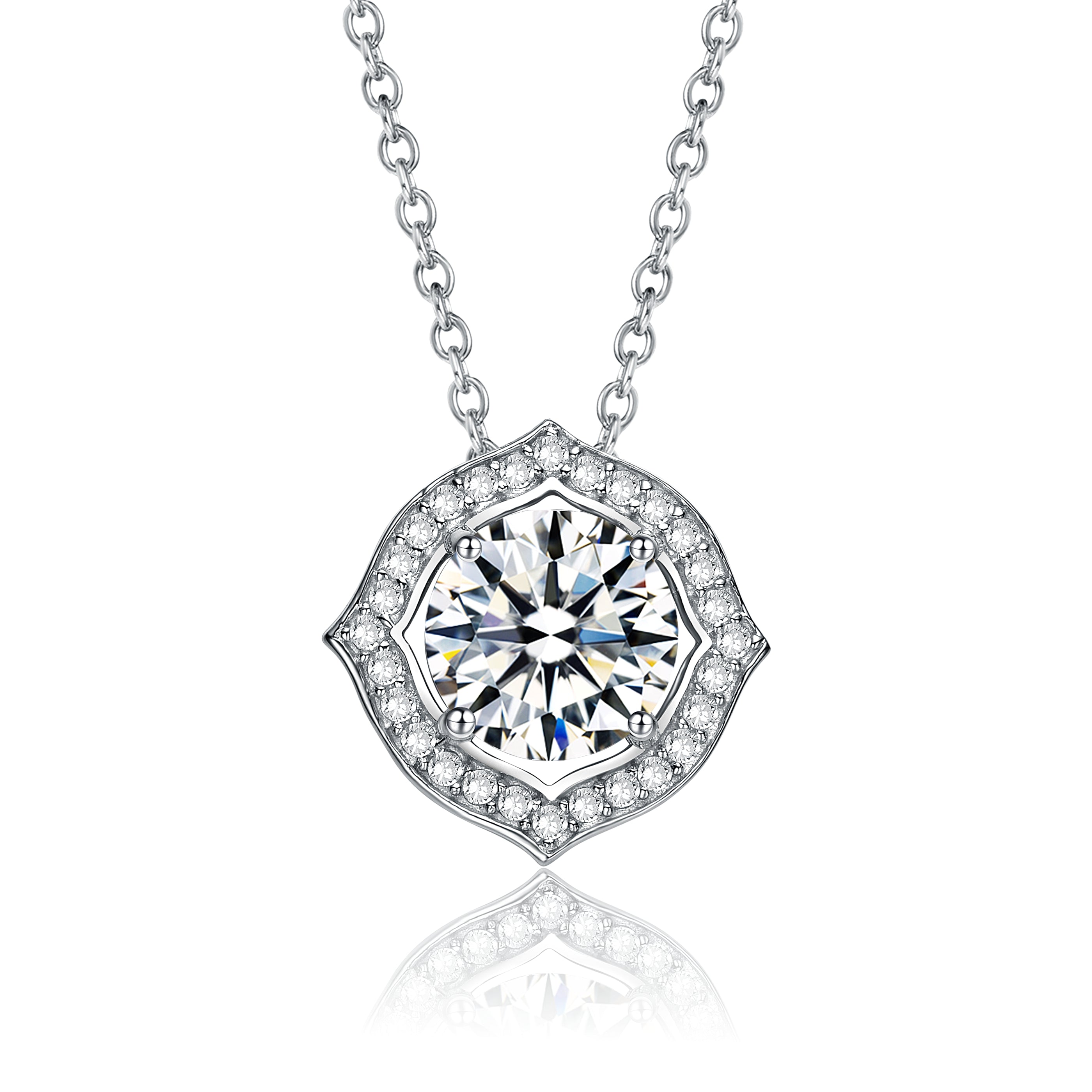 Women’s Stella Valentino Sterling Silver White Gold Plated With Lab Created Moissanite Round Halo Vintage Style Pendant Necklace Genevive Jewelry