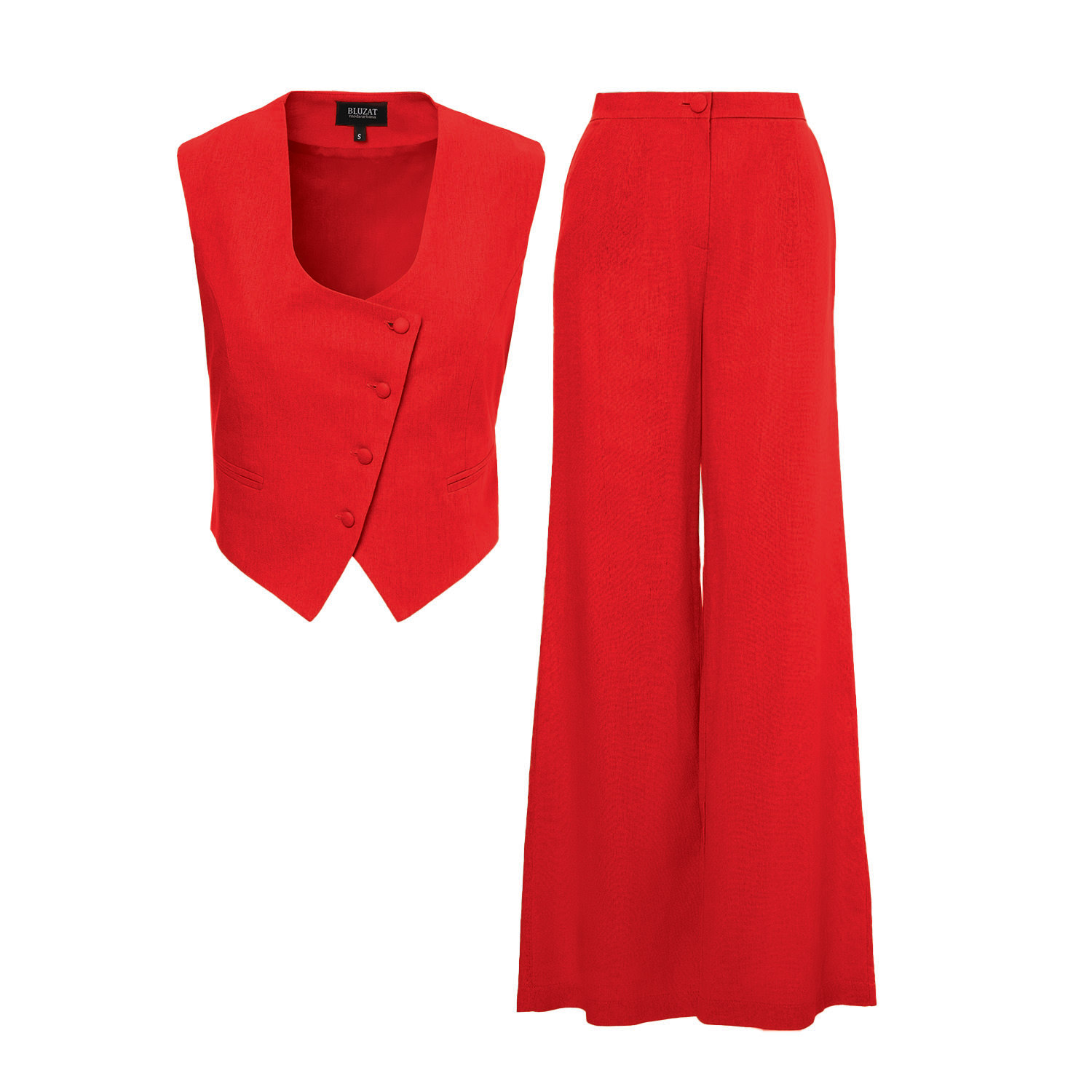 Bluzat Women's Red Linen Suit With Cut-out Vest And Straight-cut Trousers