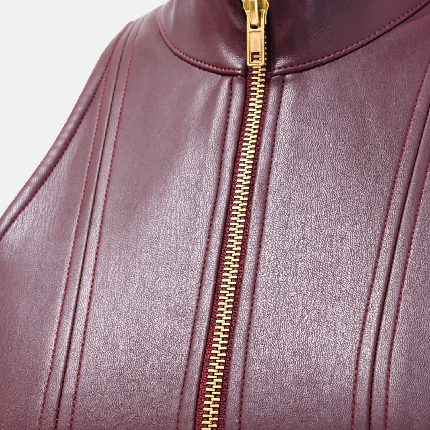 Burgundy Red Faux Leather Mini Dress  High-Neck Zip-Front Fit-And-Flare |  Kargede | Wolf & Badger