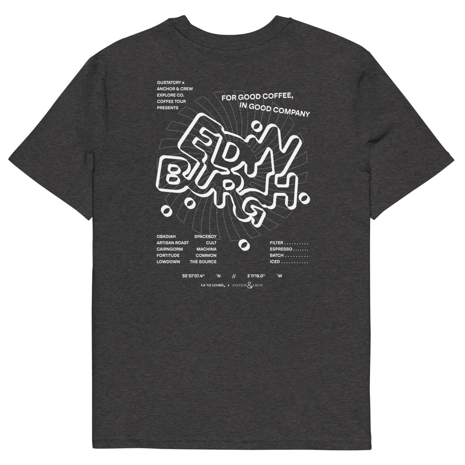Anchor & Crew Dark Heather Grey Gustatory Edinburgh Coffee Scene Organic Cotton Embroidered T-shirt - Women In Gray