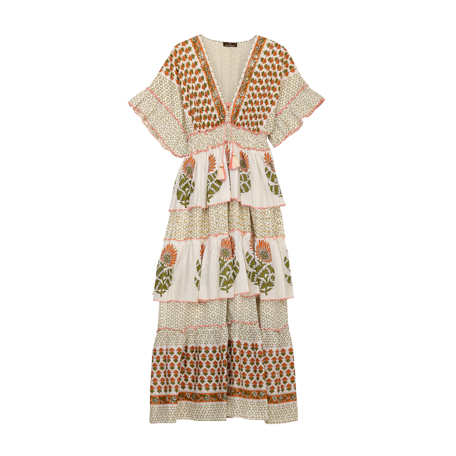 TANTRA SPAIN SL WOMEN'S GREEN / WHITE PRINTED MAXI V NECK DRESS WITH FLORAL FLOUNCES AND EMBELLISHMENTS