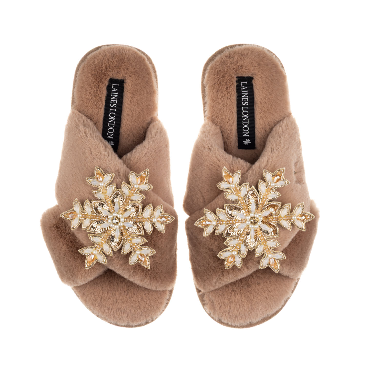 Laines London Women's Brown / Neutrals Classic Laines Christmas Collection Slippers With Double Cream & Gold Snowf In Brown